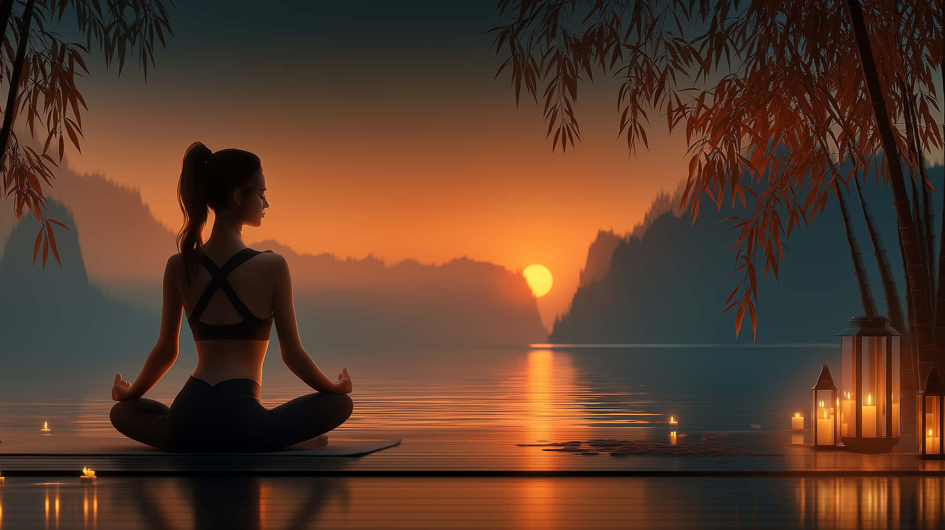 Meditative Pose by Water at Sunset 壁紙 — 一名女性在日落時分以蓮花坐姿在木碼頭上冥想，發光的燈籠和竹子框出寧靜的水景。