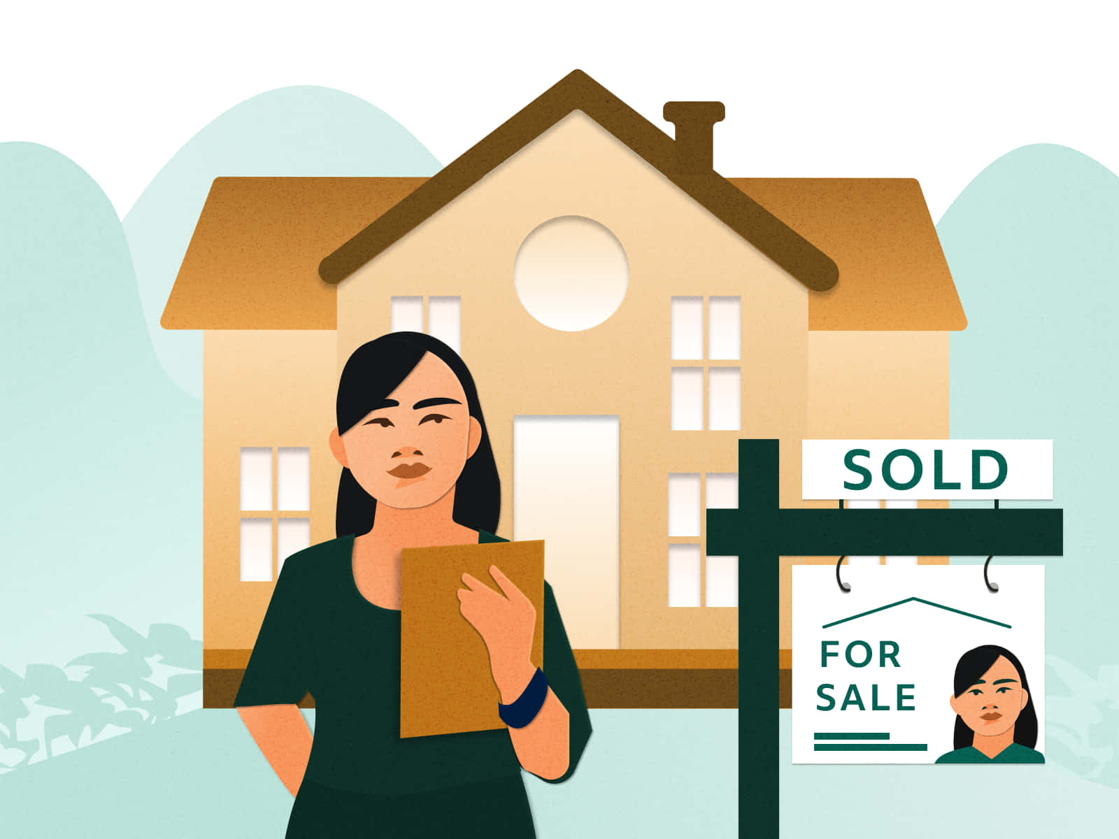 Real Estate Agent 桌布 壁紙 — 一名女性在米色房屋前拿著剪貼板，上面有她的照片的「已售出」標誌。