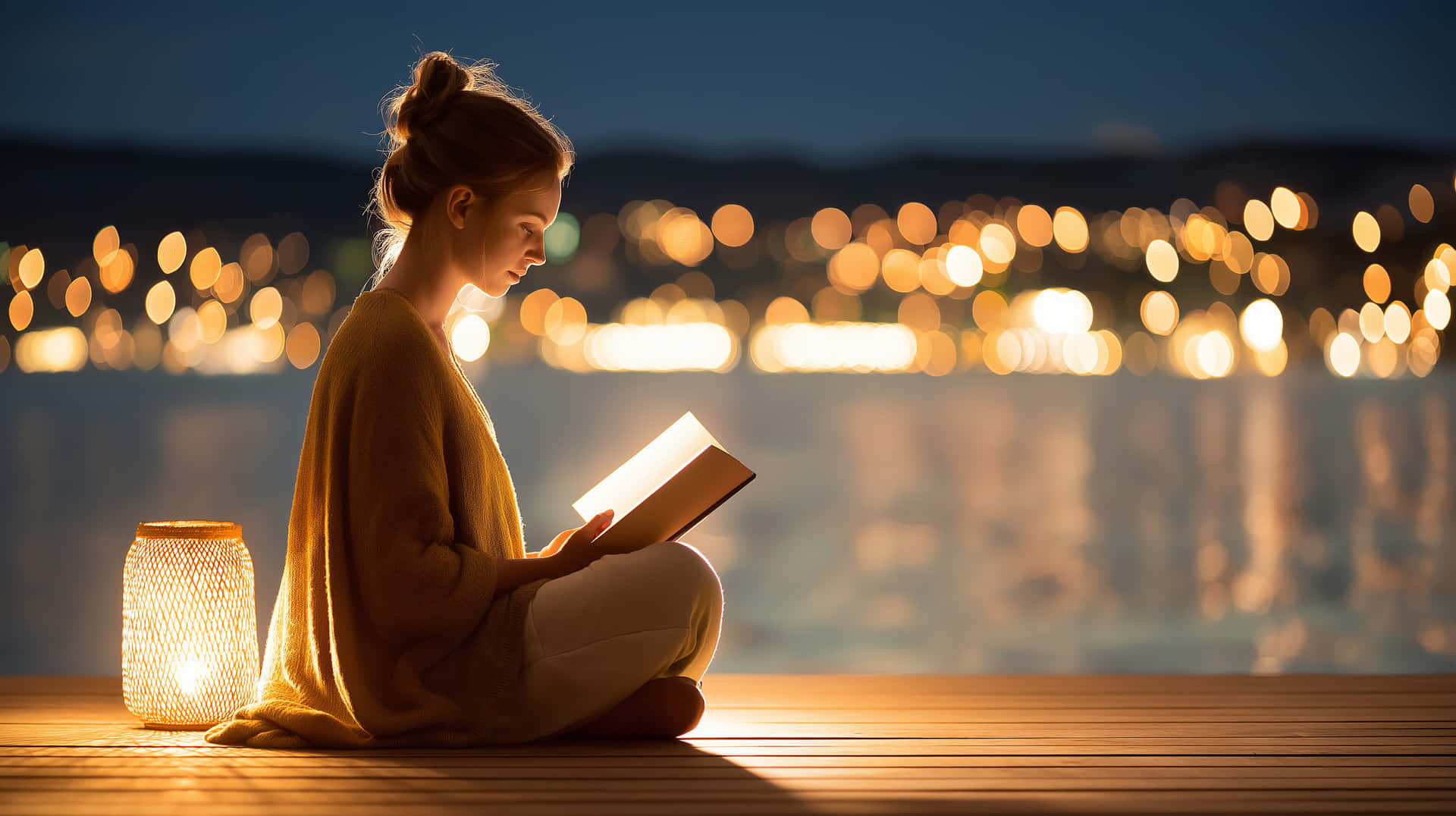 Woman Reading by Lantern Light on Lakeside Dock at Night 壁紙 — 一名女性在黃昏時分盤腿坐在木質甲板上，在燈籠旁閱讀一本發光的書，背景中城市的燈光模糊不清。