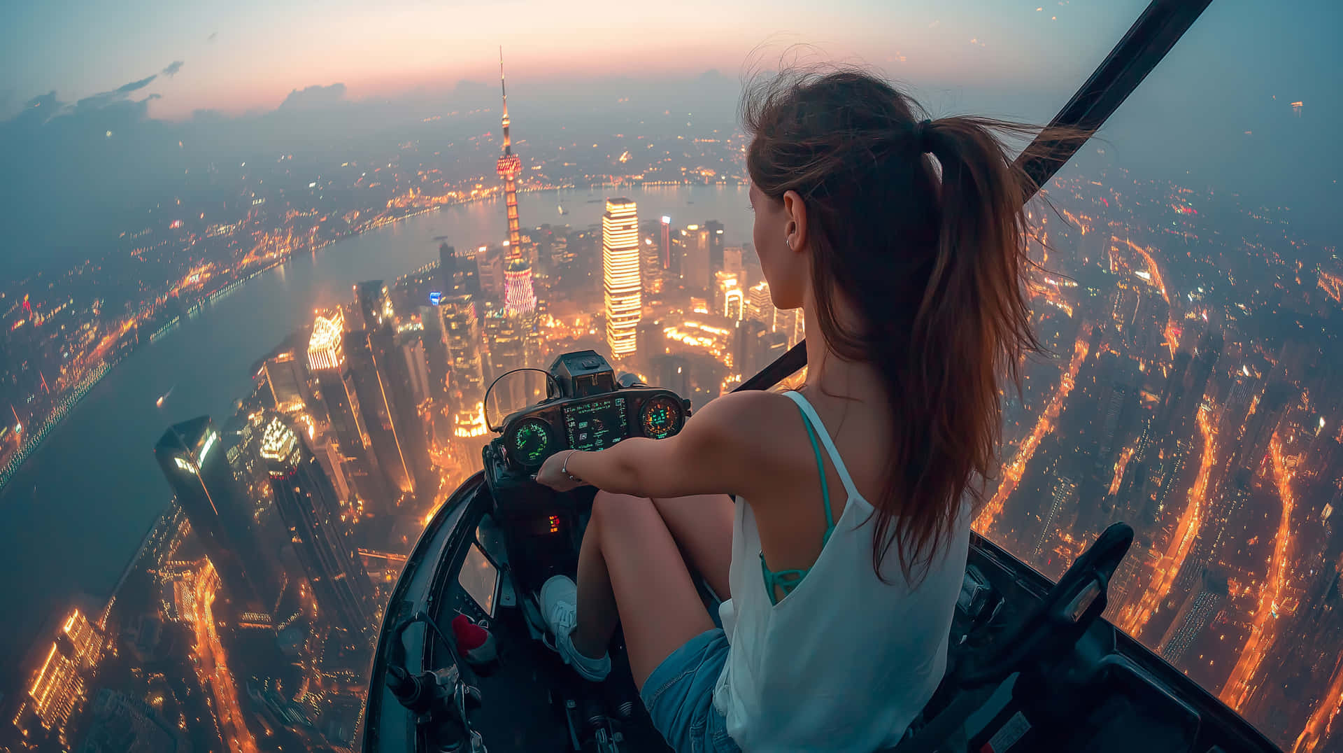 Woman in a Helicopter Flying Over a City Skyline at Night 壁紙 — 一名女性在黃昏時駕駛直升機，俯瞰上海璀璨的天際線和黃浦江。