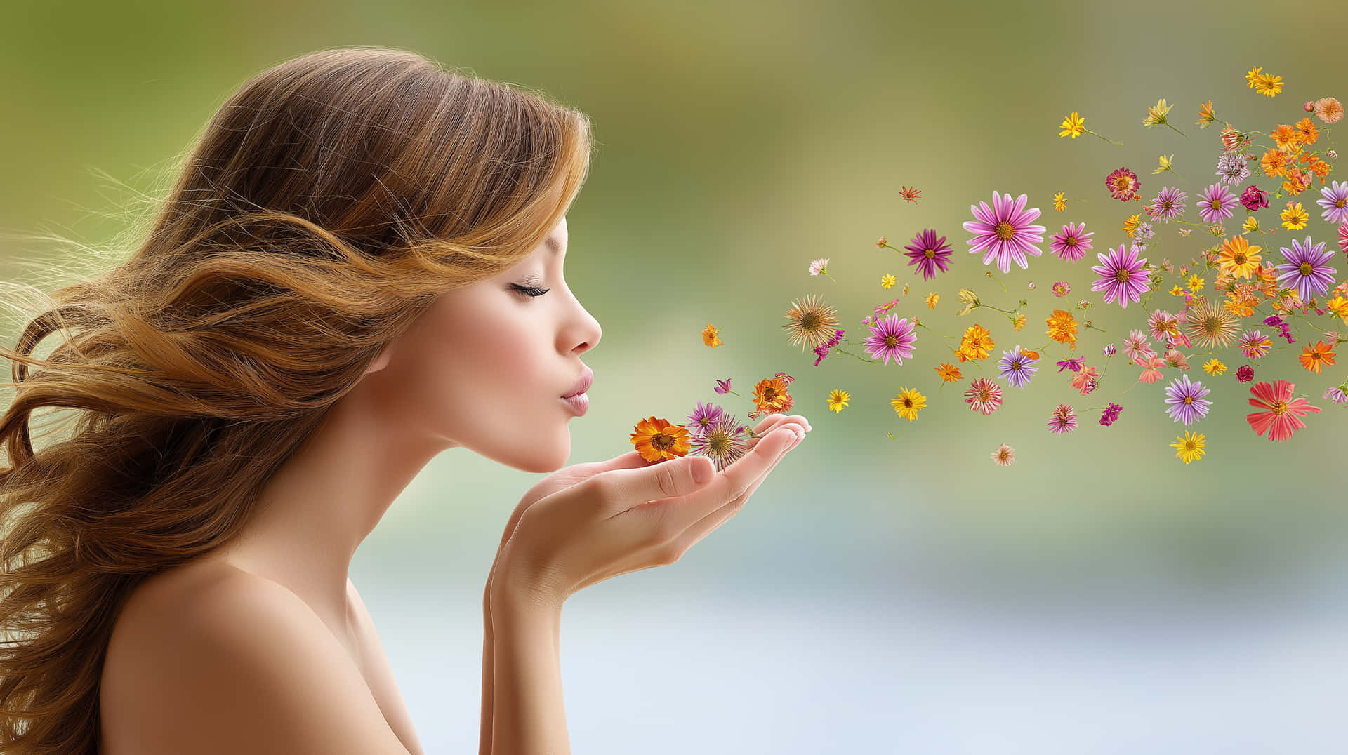 Woman Blowing Kisses of Vibrant Flowers 壁紙 — 一名女性從她合攏的雙手中吹出一串色彩繽紛的雛菊，背景是柔和模糊的綠色。