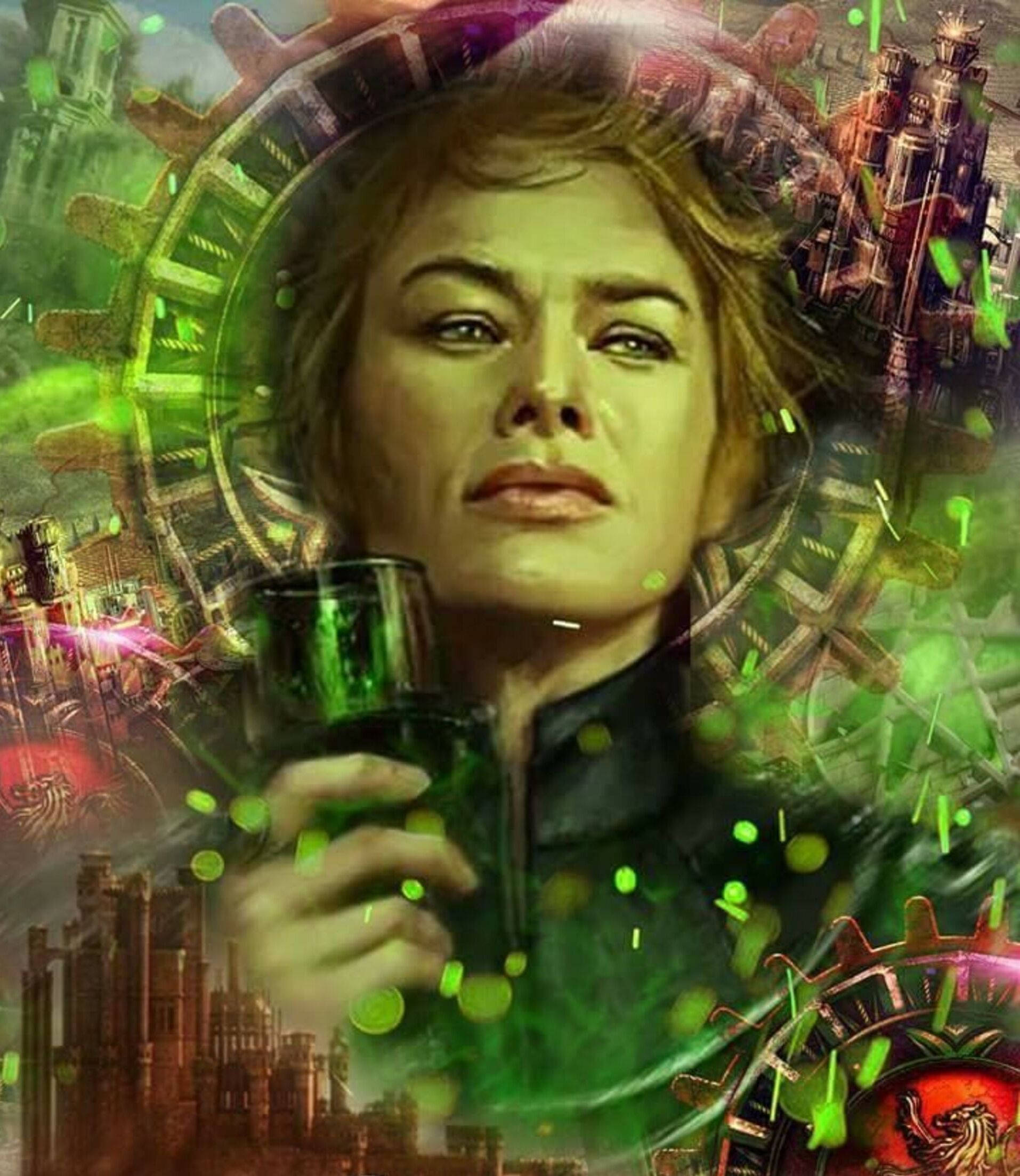 cersei lannister 桌布 壁紙 — 一名女性手持發光綠色小瓶，背景是蒸氣龐克齒輪和奇幻城市景觀。