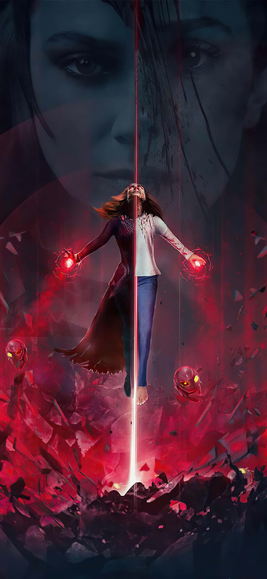 Mcu 桌布 壁紙 — 一名女性漂浮在破碎的地面上方，手持發光的紅色球體，一道垂直的光束將她和身後一個隱約的臉孔分開。