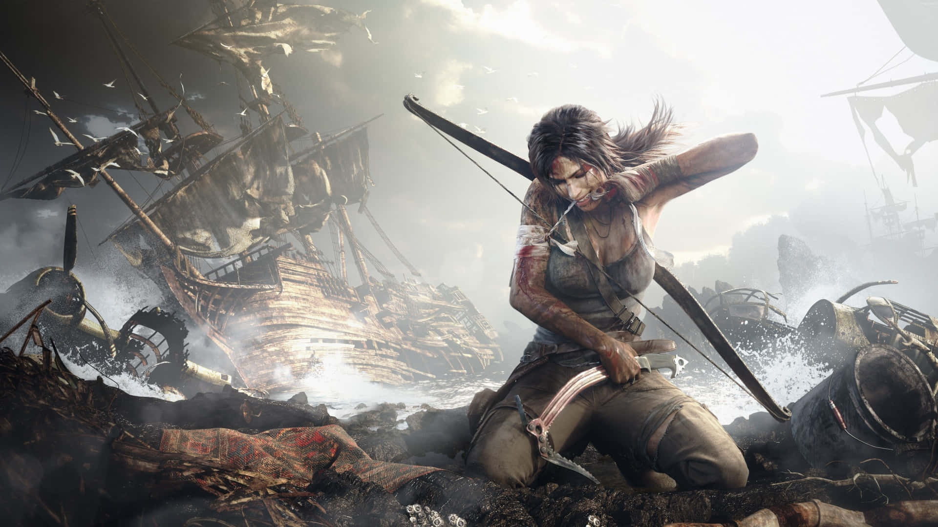 Lara Croft 桌布 壁紙 — 一名女戰士在暴風雨的海中沉船殘骸間拉弓。