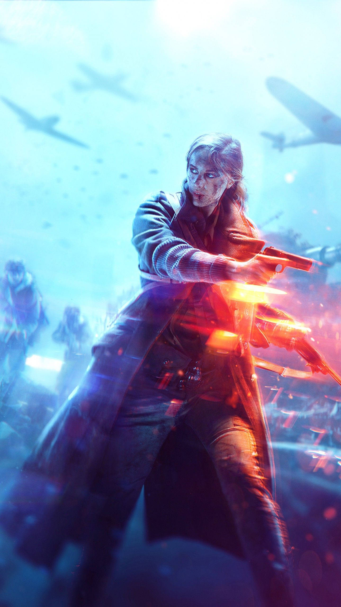 Battlefield 1 HD 桌布 壁紙 — 一名女戰士在混亂的戰場上，伴隨著飛行的飛機和爆炸，發射發光的武器。