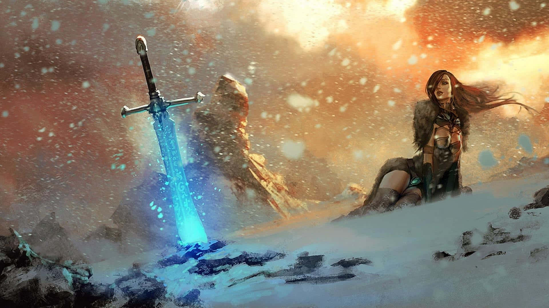 奇幻藝術 桌布 壁紙 — 一名女戰士跪在雪地中，身旁有一把發光的藍色劍插在岩石露頭上，天空如火般燃燒。