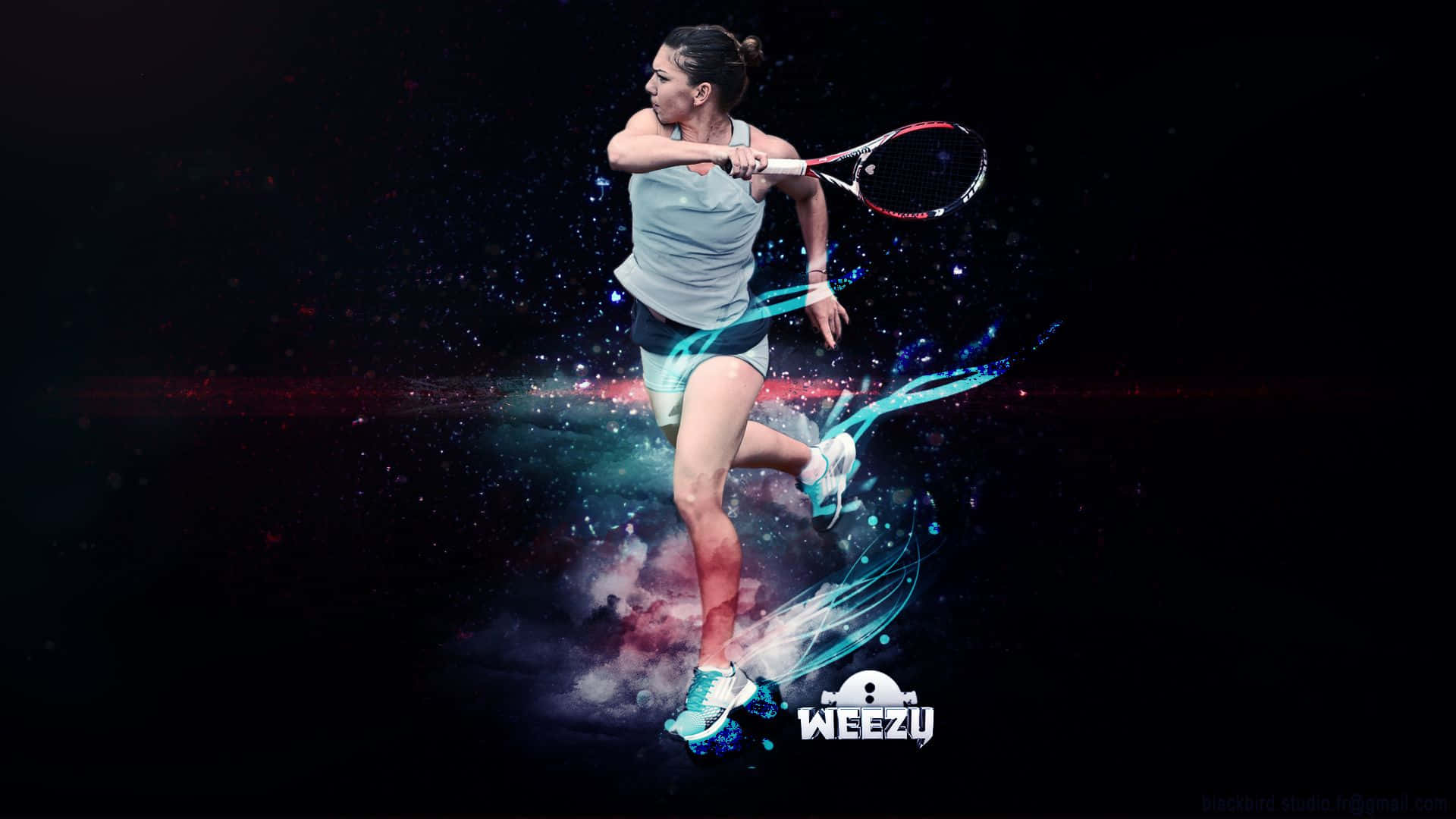 Tennis 桌布 壁紙 — 一名女網球運動員在宇宙星雲背景下揮拍，帶有發光的能量軌跡。