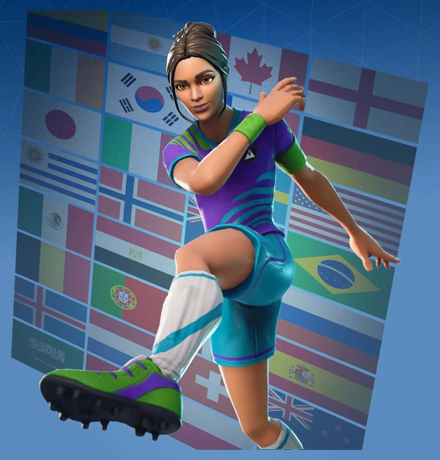 Fortnite Soccer Skin 桌布 壁紙 — 一名女足球員穿著鮮豔的紫色和藍綠色裝備，在國際旗幟背景下凌空踢球。