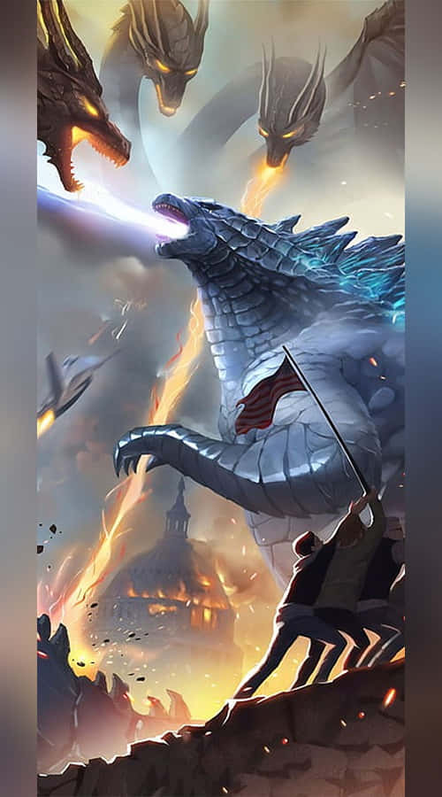 Godzilla Comic 桌布 壁紙 — 一名孤獨戰士舉起旗幟，對抗三條在燃燒城市上空噴火的巨龍。