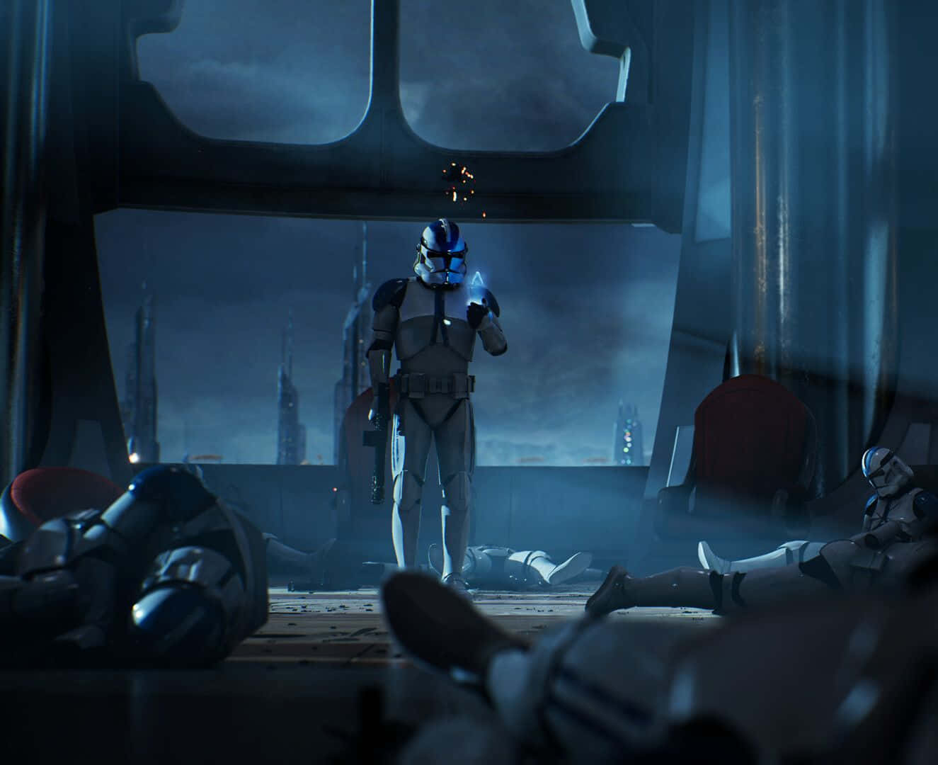 The Order 66 桌布 壁紙 — 一名孤獨的克隆人士兵站在昏暗的未來風格房間中，周圍是倒下的戰友，天空風暴密佈。