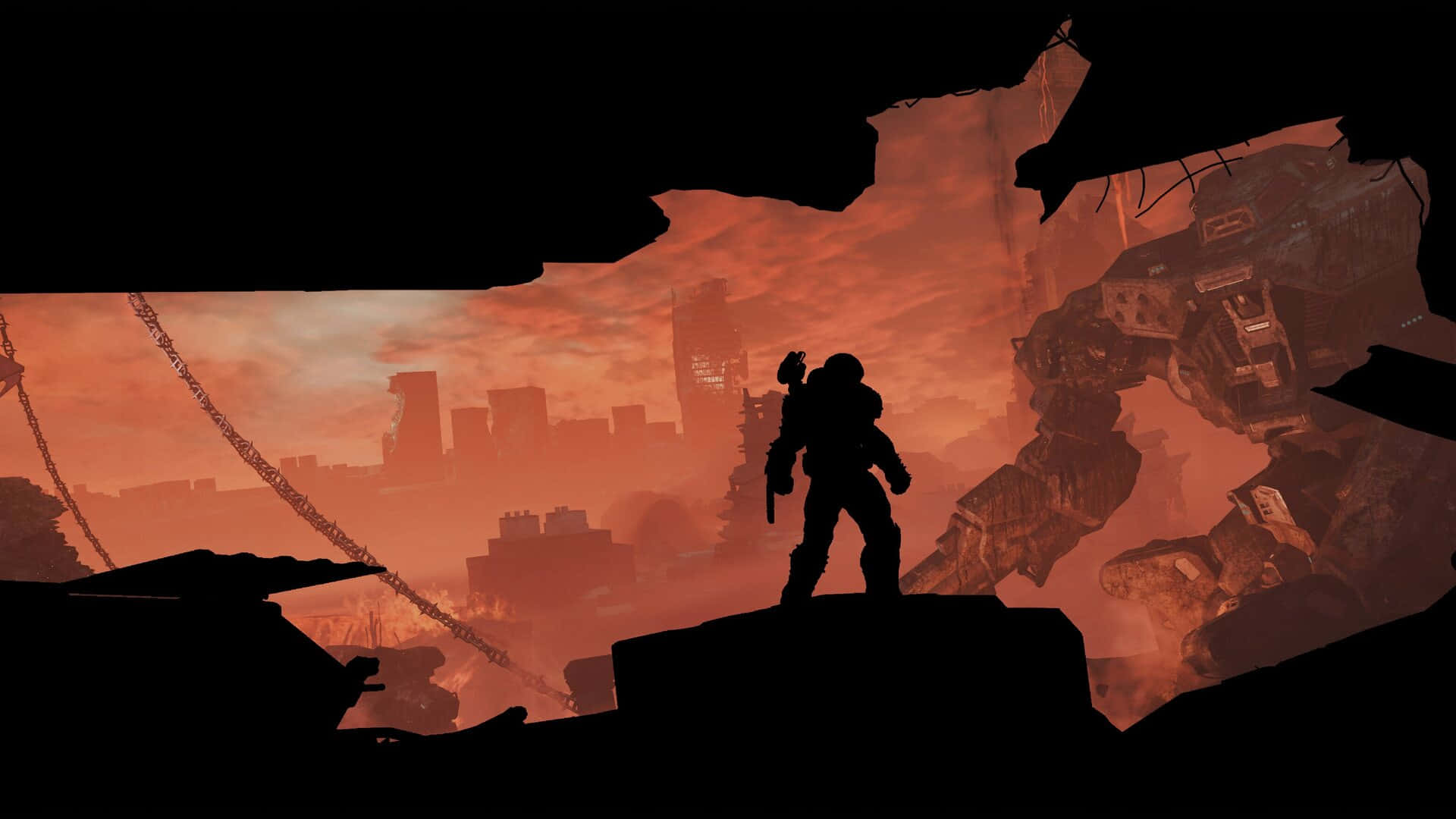 Doom Eternal HD 桌布 壁紙 — 一名孤獨的士兵以剪影站在瓦礫上，俯瞰著一座廢墟城市，天空火紅橙黃，附近有一個巨大的機甲。
