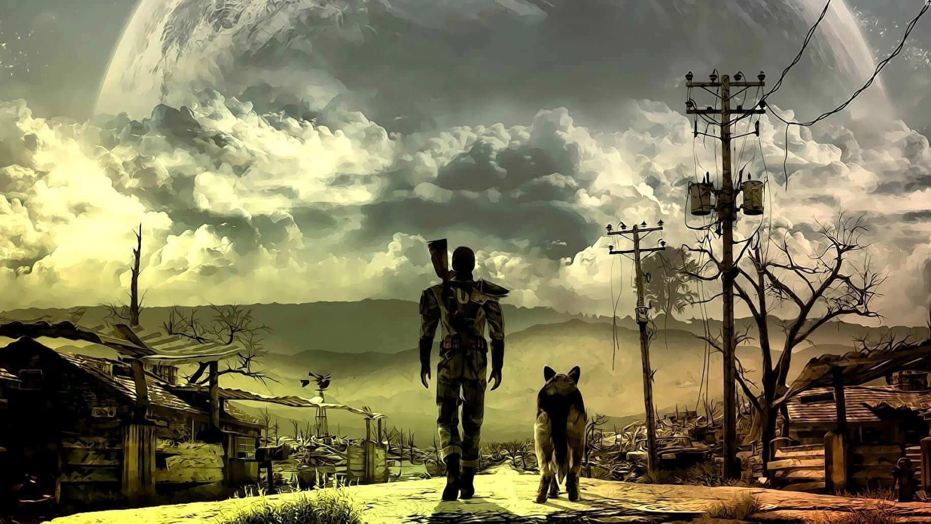 Fallout Nv 桌布 壁紙 — 一名孤獨的士兵和他的狗在天空中巨大行星下的荒涼末世村莊中行走。