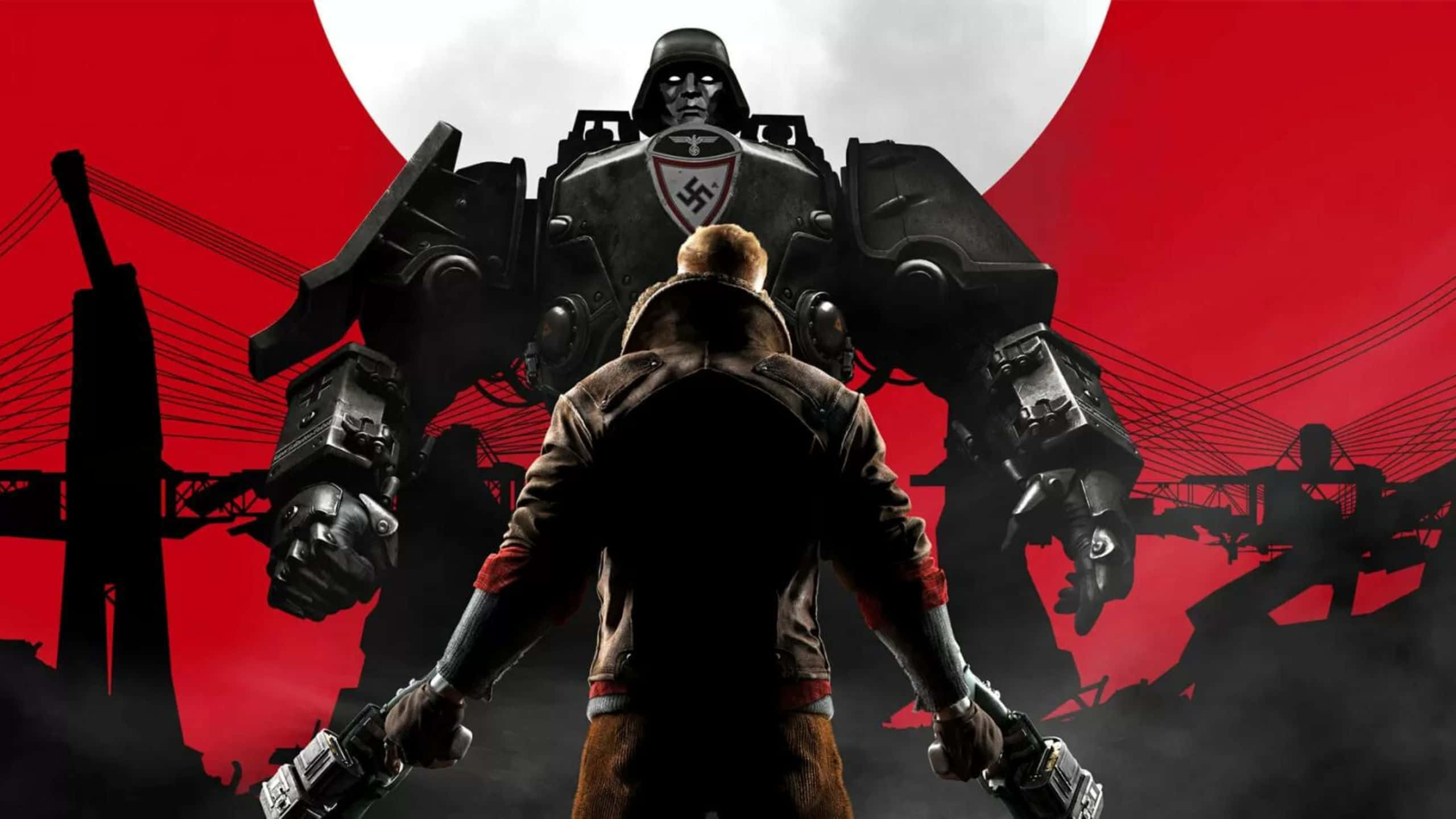 Wolfenstein Ii 桌布 壁紙 — 一名孤獨的士兵在反烏托邦的城市廢墟中，面對著高聳的納粹戰爭機器，背景是紅色的太陽。