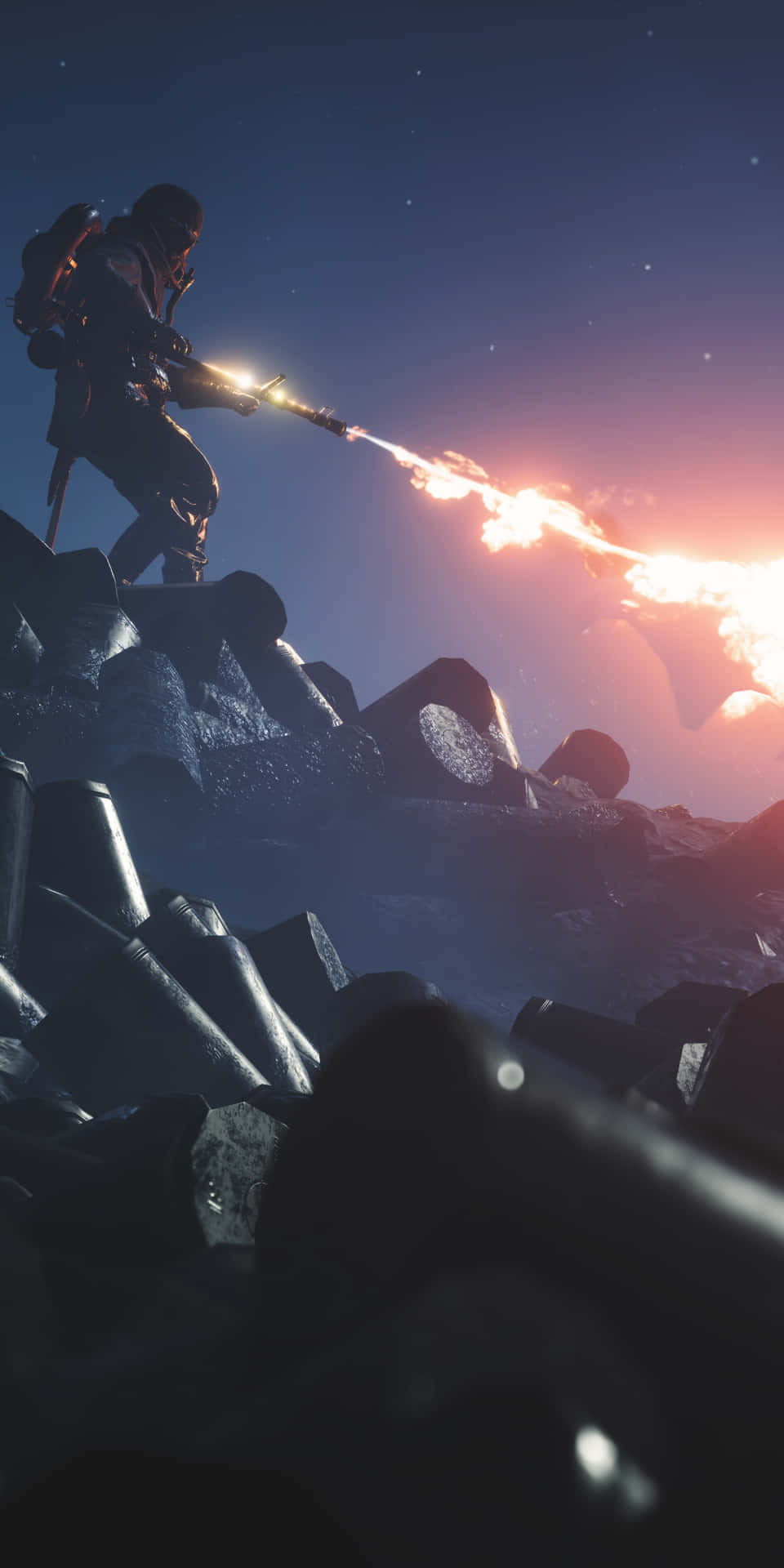 士兵在暮色中於岩石地形上發射武器，槍口閃爍光芒。 — Fire Emblem Warriors 壁紙