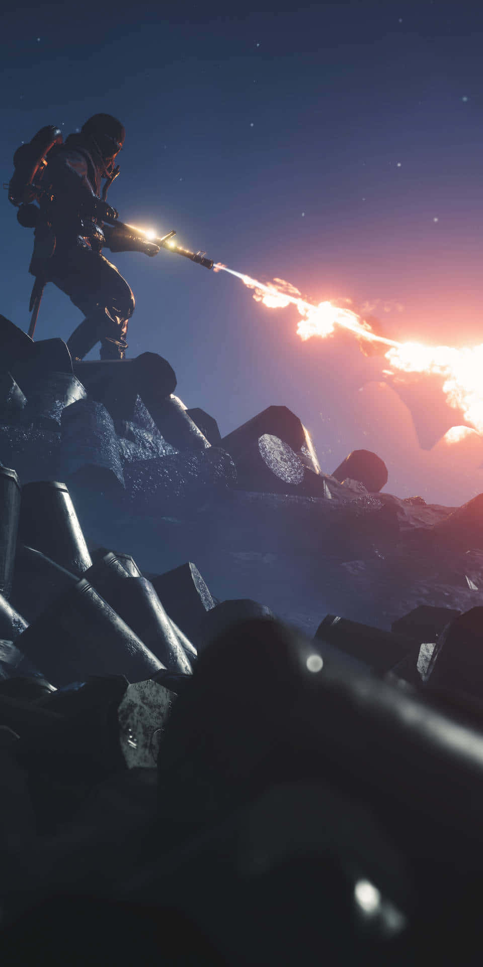 電玩遊戲 桌布 壁紙 — 一名孤獨的士兵在星光燦爛的黃昏天空下，在崎嶇的岩石頂端發射發光的武器，遠處有熾熱的爆炸。