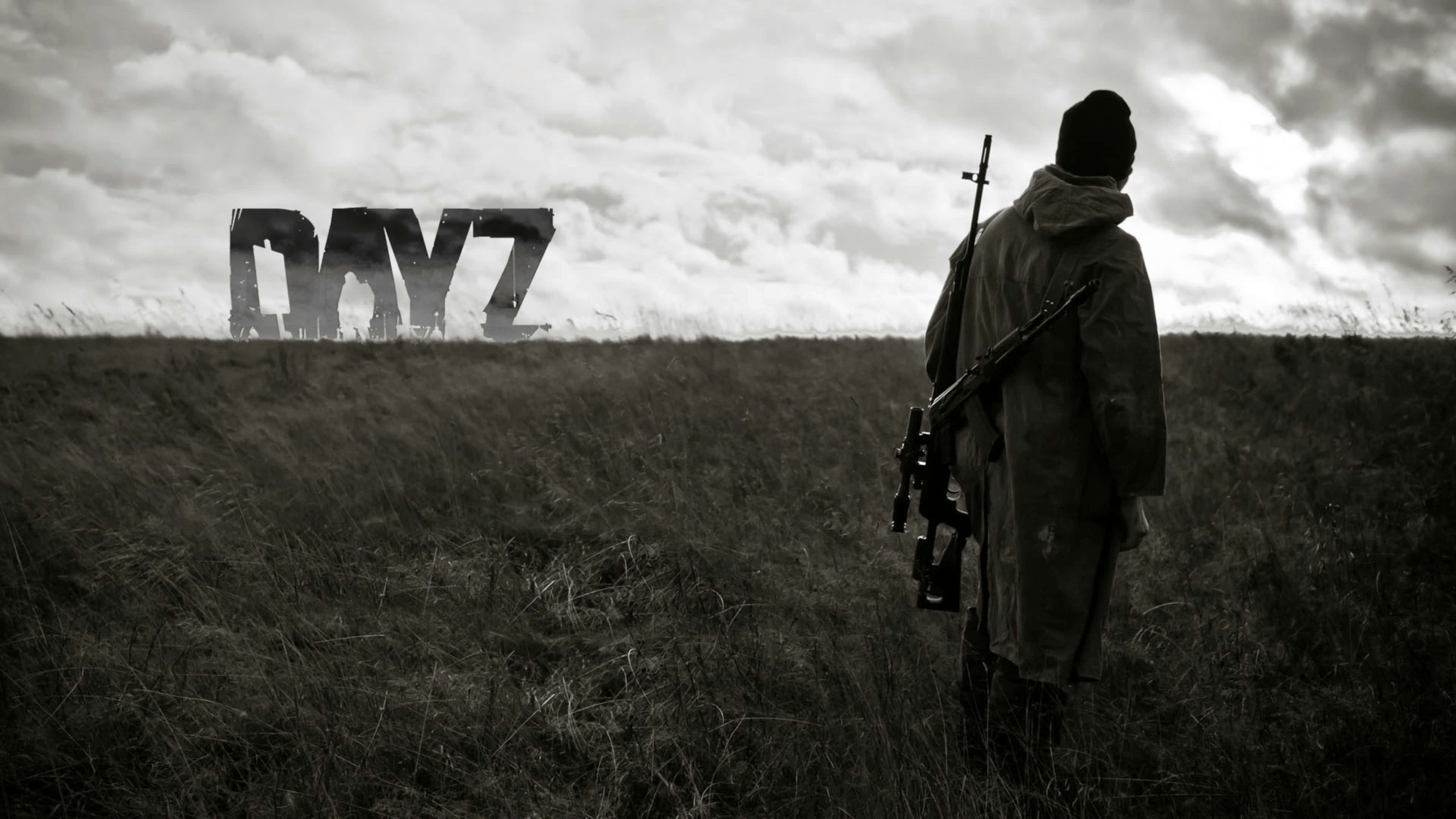 Dayz Mod 桌布 壁紙 — 一名孤獨的士兵在田野中凝視著遠處陰雲密佈的天空下若隱若現的「DAYZ」字樣。