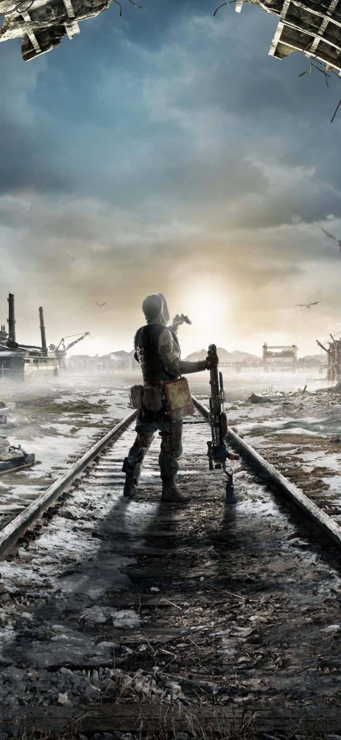 iPhone X Metro Exodus 桌布 壁紙 — 一名孤獨的士兵在陰天之下，沿著破損的火車軌道走過廢棄的工業荒地。