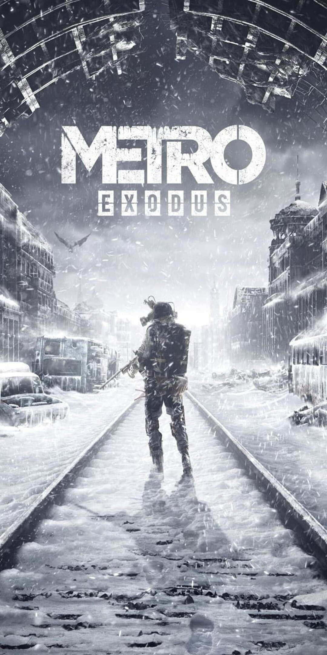 Pixel 3 Metro 2033 桌布 壁紙 — 一名孤獨的士兵在雪覆蓋的廢墟城市街道上，穿過一個破碎的拱門，在末日後的冬季場景中行走。
