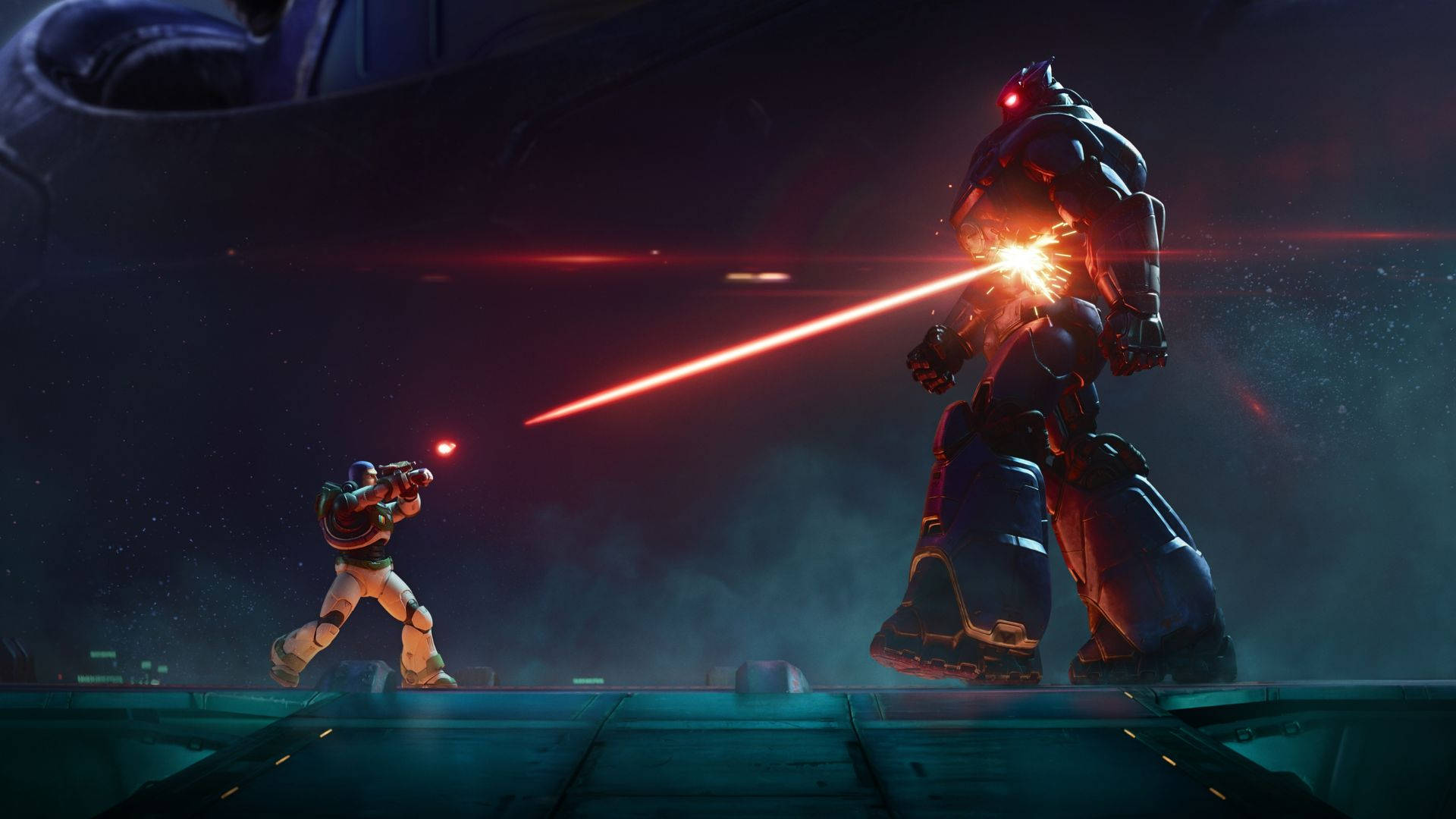 emperor zurg 桌布 壁紙 — 一名孤獨的士兵在黑暗的未來戰場上向高聳的機械化敵人發射紅色雷射。
