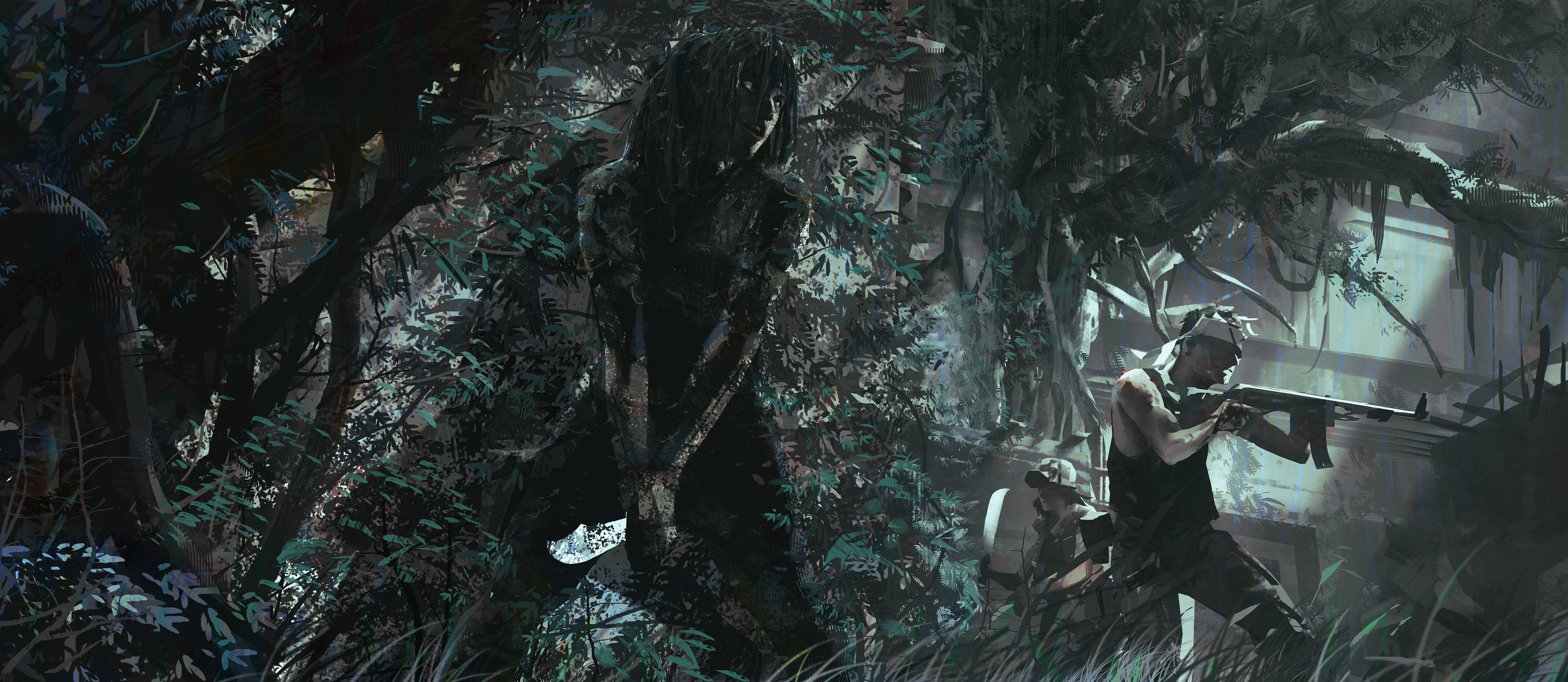 shadow 桌布 壁紙 — 一名孤獨的士兵手持步槍，在昏暗詭異的光線下，於茂密陰暗的叢林中與一個高聳的怪物對峙。
