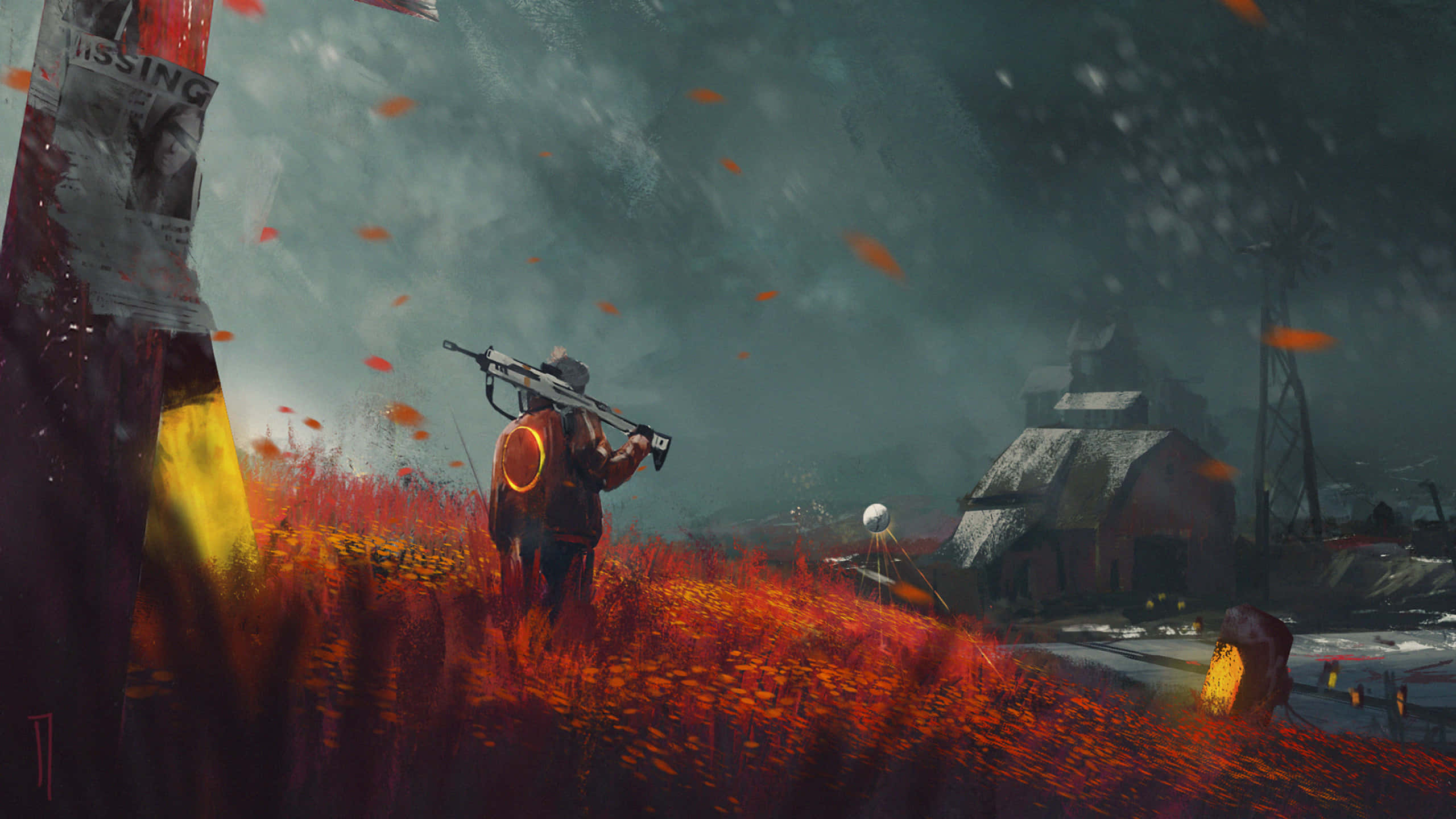 Animated 桌布 壁紙 — 一名孤獨的士兵手持步槍，在暴風雨般的灰色天空下，走過一片火紅的花田，附近有一座破舊的農舍。