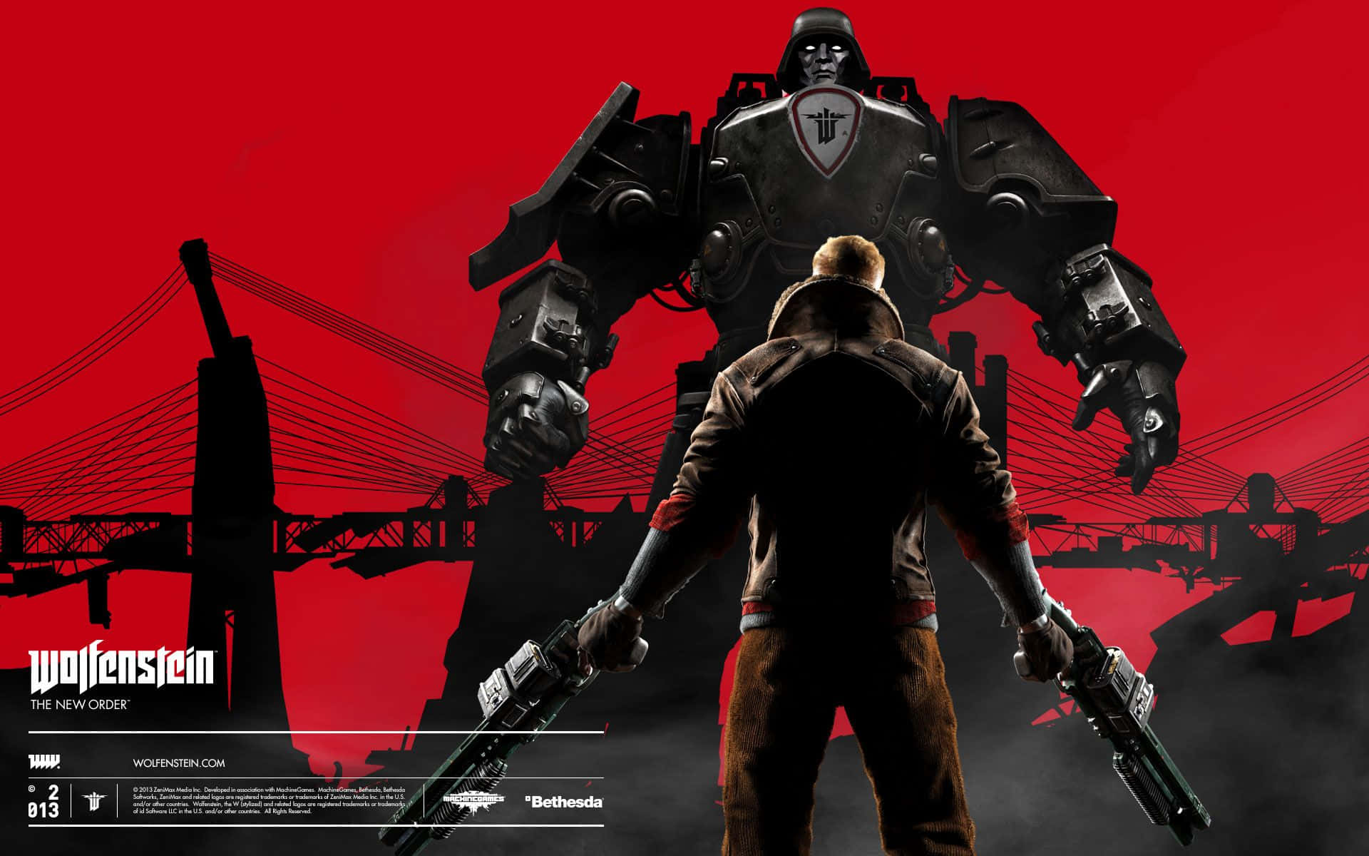 Best Wolfenstein Ii 桌布 壁紙 — 一名孤獨的士兵手持雙槍，面對著一座高聳的裝甲機器人，背景是鮮紅色並帶有橋樑剪影。