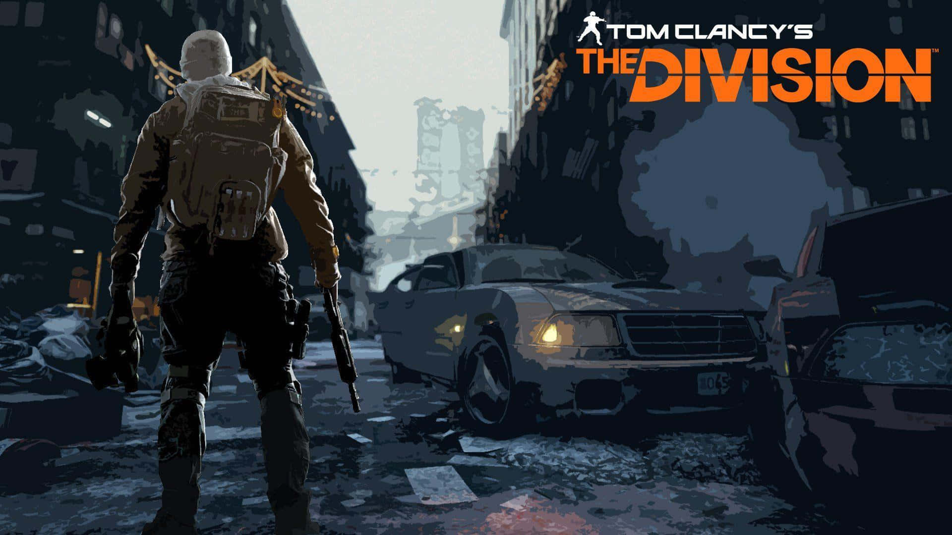 The Division Desktop 桌布 壁紙 — 一名孤獨的士兵拿著步槍，在廢墟般的城市街道上走過廢棄的汽車，天空朦朧。