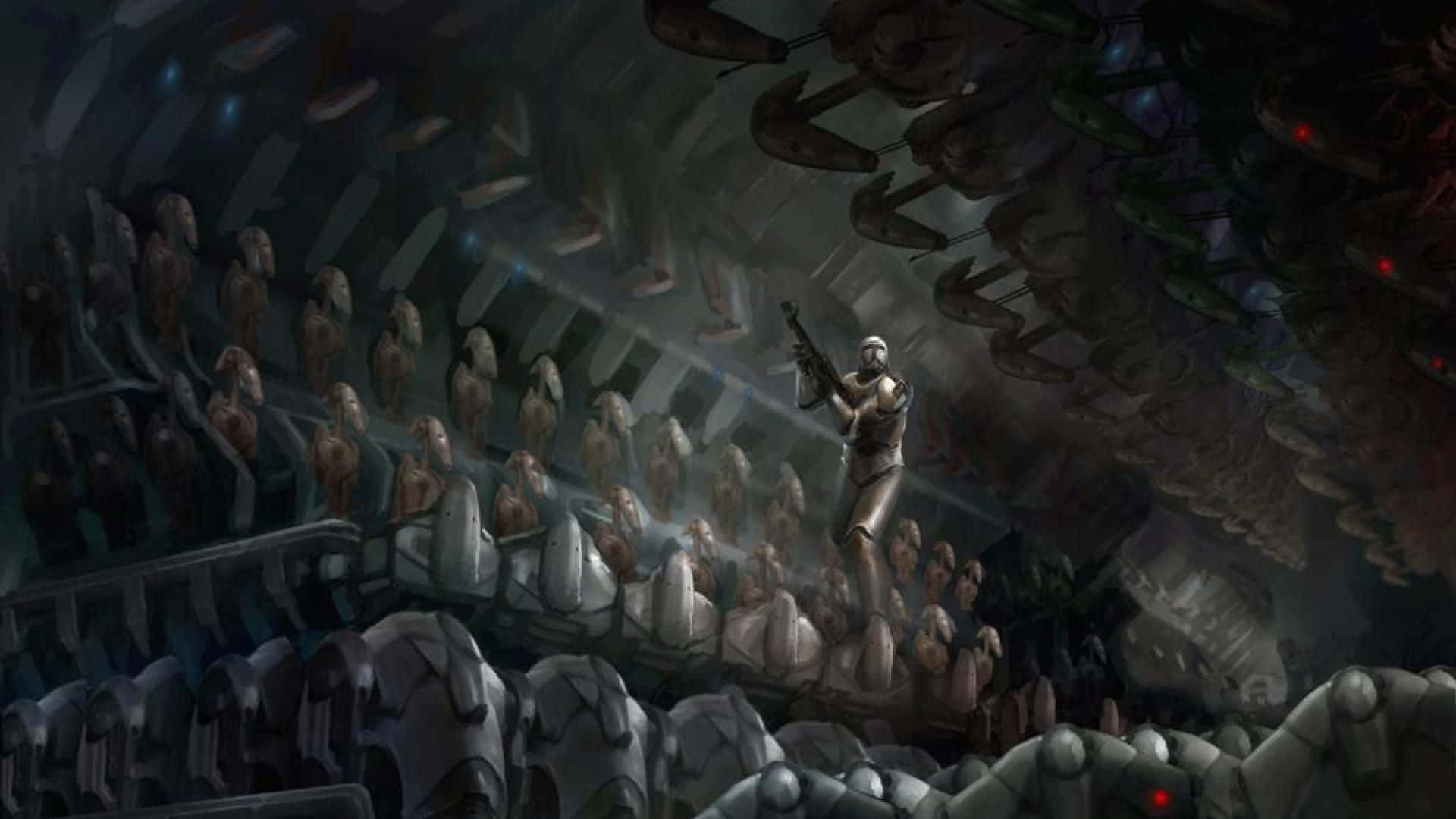 Droid Army 桌布 壁紙 — 一名孤獨的士兵挑釁地站在一個平台上，周圍是坐在昏暗洞穴般競技場中的一排排外星人形體。