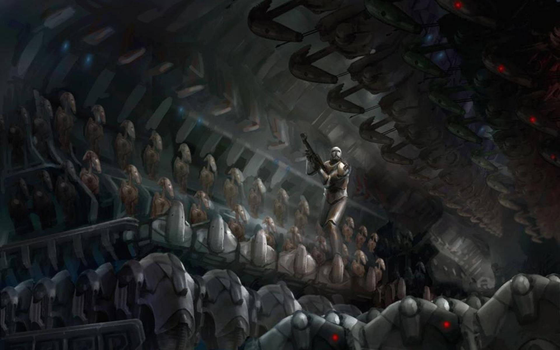 Raid 桌布 壁紙 — 一名孤獨的士兵挑釁地站在一個平台上，周圍是成排的裝甲機器人，在一個光線昏暗的工業機庫中。