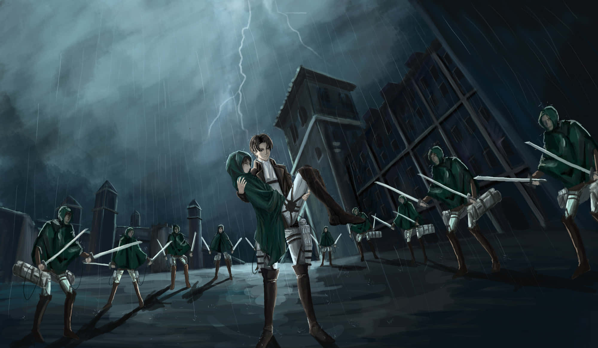 Levi Ackerman Desktop 桌布 壁紙 — 一名孤獨的士兵擁抱著一個身影，閃電劃過被雨水浸透的戰場，小隊成員身穿綠色制服揮舞著劍。