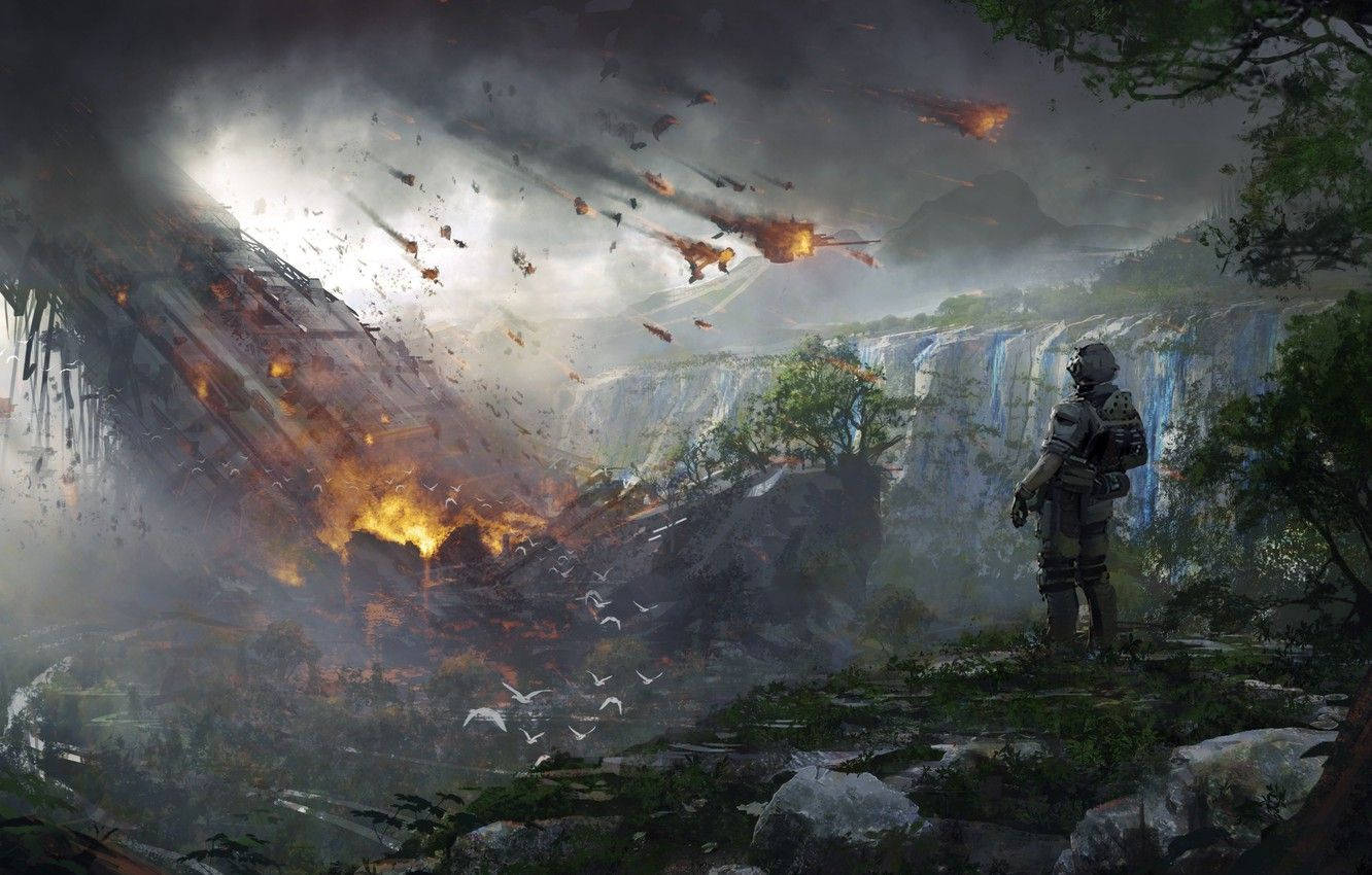 Titanfall 2 桌布 壁紙 — 一名孤獨的士兵穿著未來裝甲，站在懸崖上俯瞰火山爆發，伴隨著熾熱的碎片和層疊的瀑布。