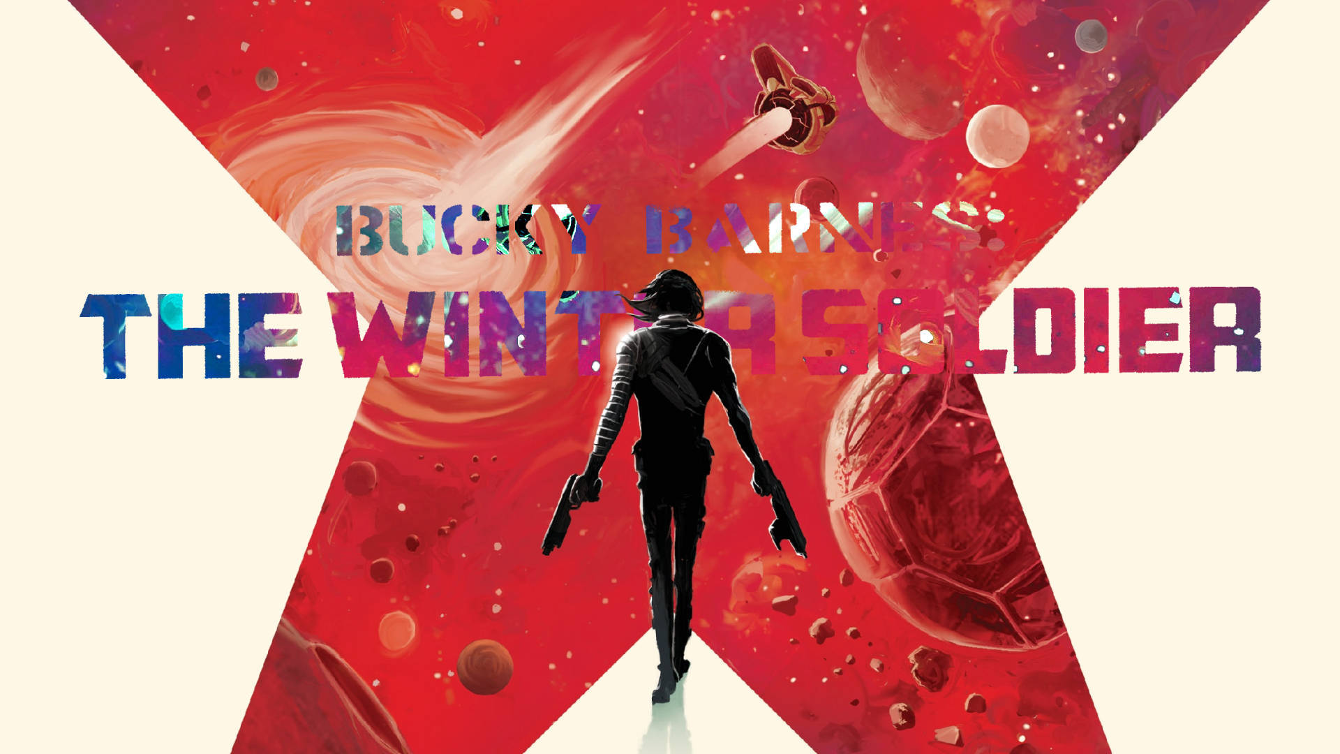 Winter Soldier 桌布 壁紙 — 一名孤獨的士兵穿過宇宙紅色漩渦，背景有行星和太空船。