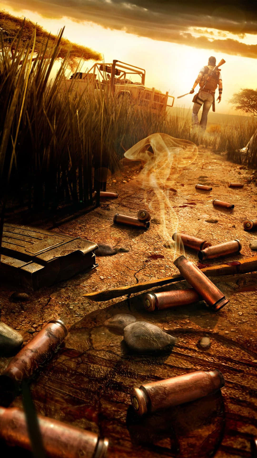 Far Cry 5 4K 桌布 壁紙 — 一名孤獨的士兵穿過高草，從一輛廢棄車輛旁走開，在夕陽下散落的彈殼和煙霧中。