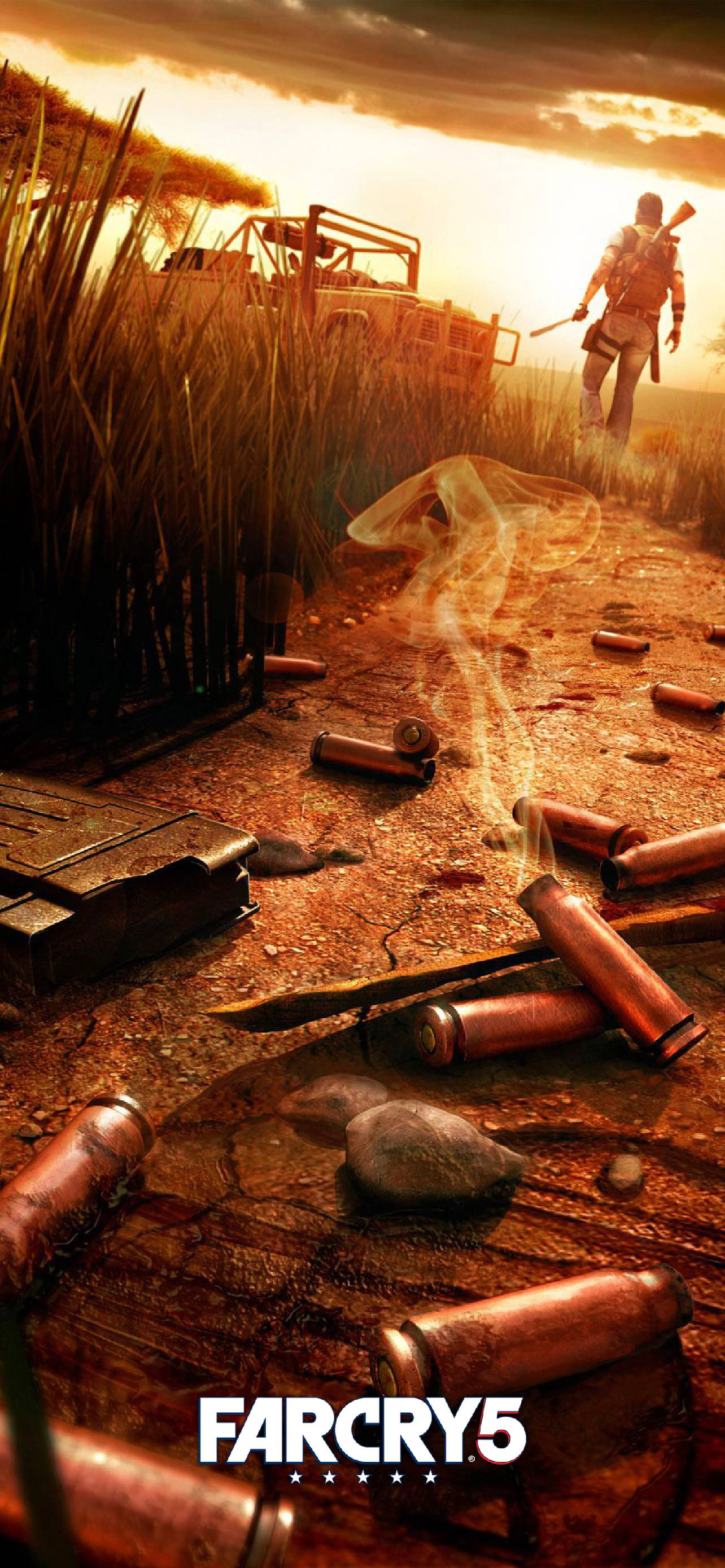 far cry iPhone 桌布 壁紙 — 一名孤獨的士兵穿過高草，遠離一輛被毀的車輛，夕陽下用過的子彈和煙霧標誌著戰場。