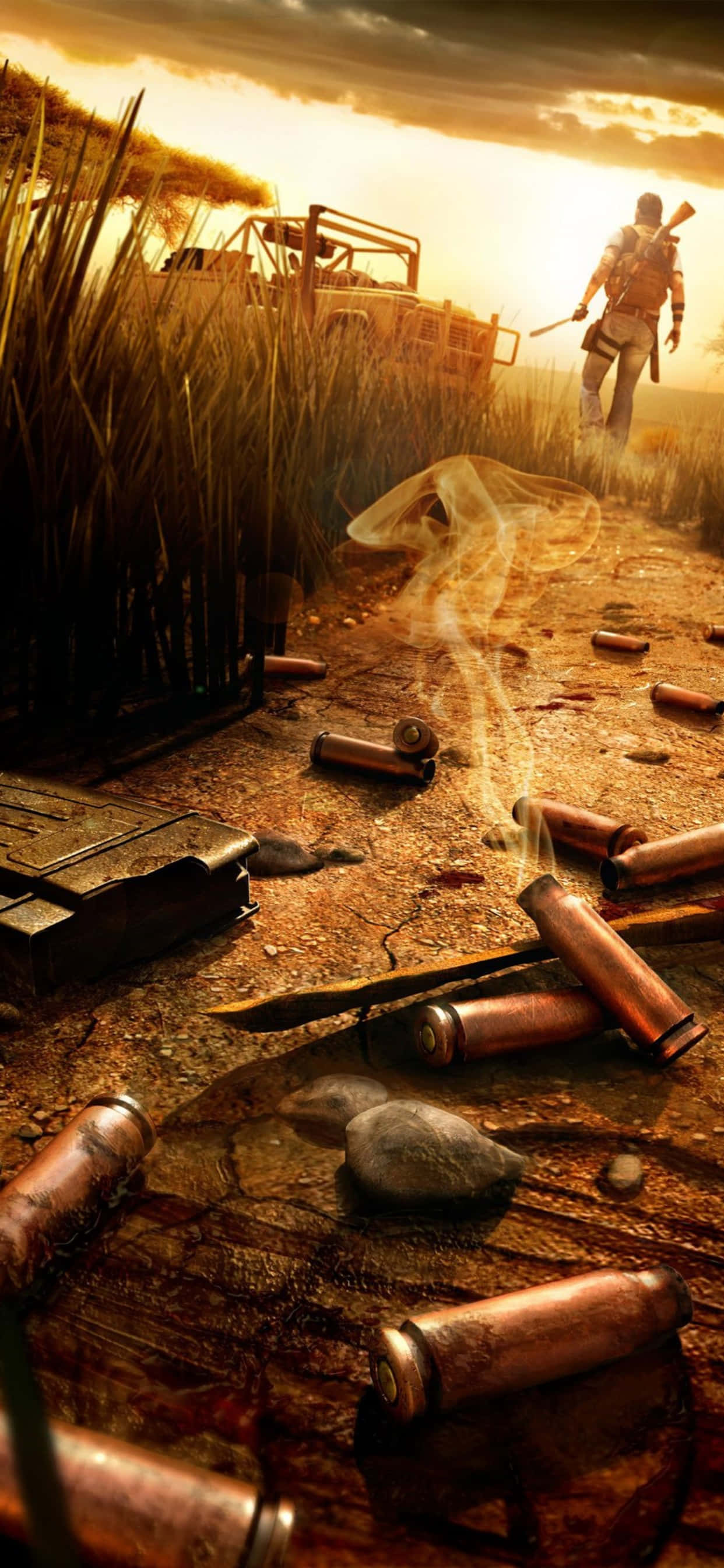 iPhone Xs Max Far Cry 5 桌布 壁紙 — 一名孤獨的士兵穿過高草，遠離一輛被毀的車輛，用過的子彈和煙霧標記著燒焦的土地。