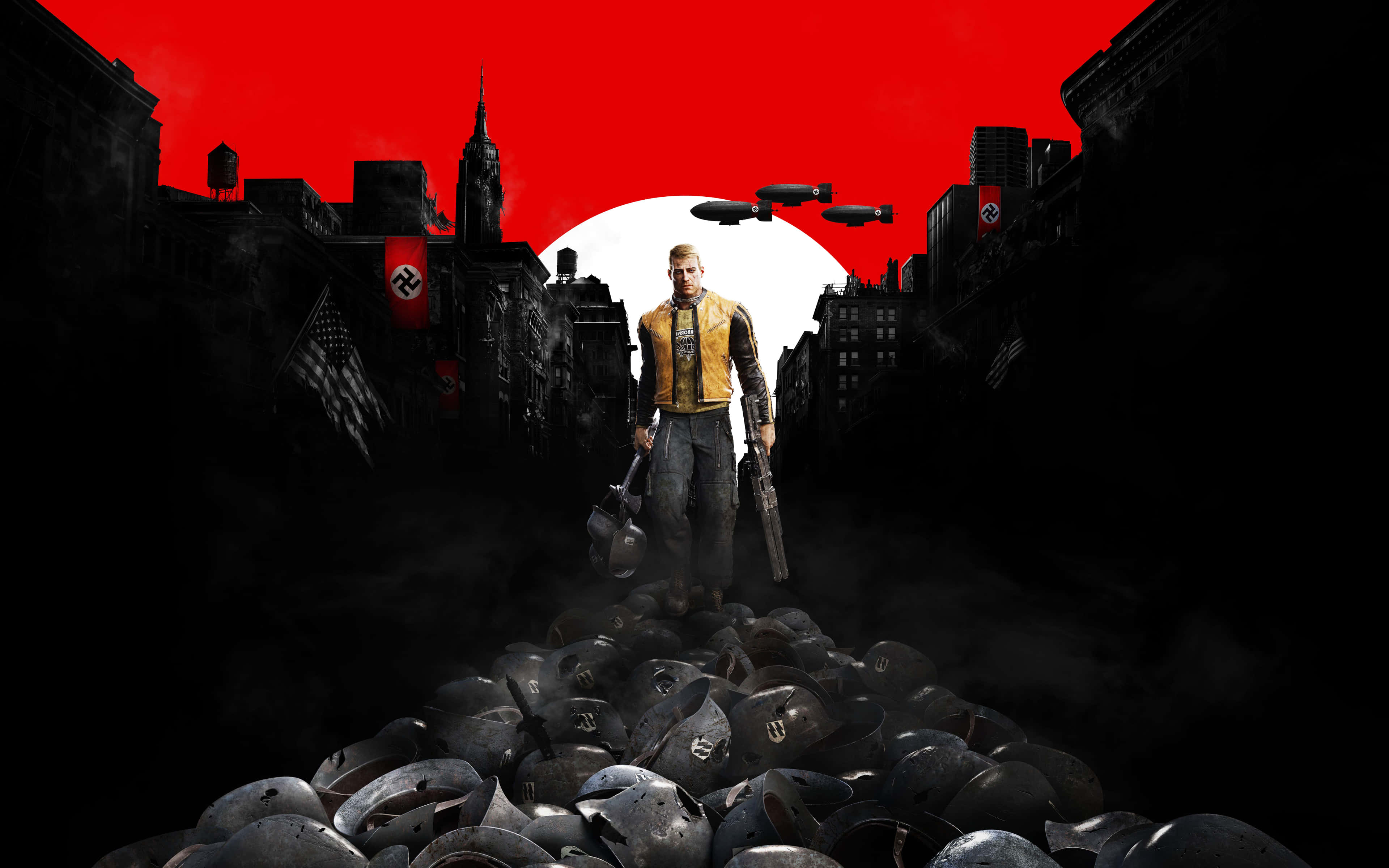 Best Wolfenstein Ii 桌布 壁紙 — 一名孤獨的士兵站在一堆納粹頭盔上，身處廢墟城市，血紅的天空下有飛船飛過。
