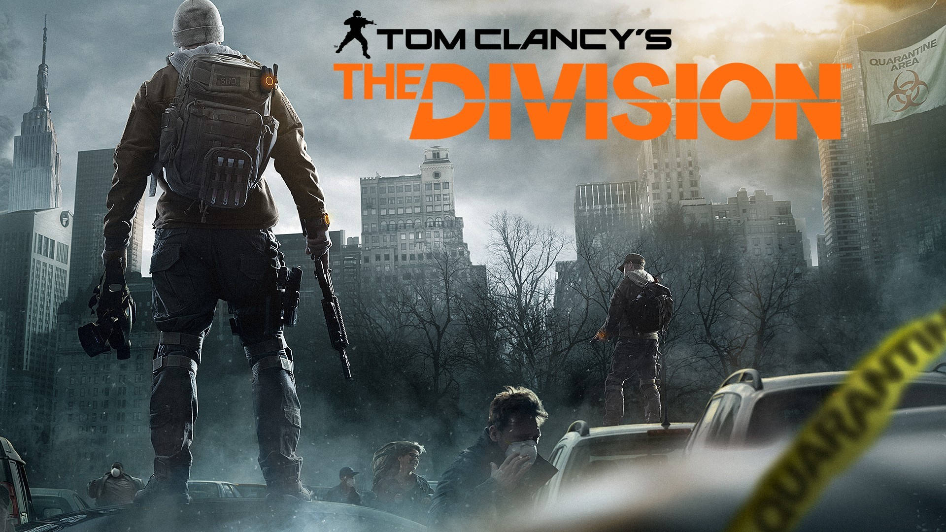Division 桌布 壁紙 — 一名孤獨的士兵站在一輛汽車上，身處廢墟城市景觀中，隔離帶在風中飄揚，周圍是搖搖欲墜的摩天大樓。