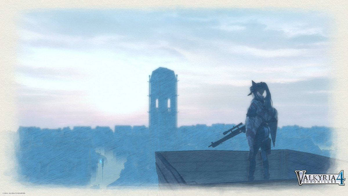 Valkyria Chronicles 桌布 壁紙 — 一名孤獨的士兵站在屋頂上，俯瞰著霧氣瀰漫的城市景觀，遠處有一座塔樓，在柔和的黎明天空下。
