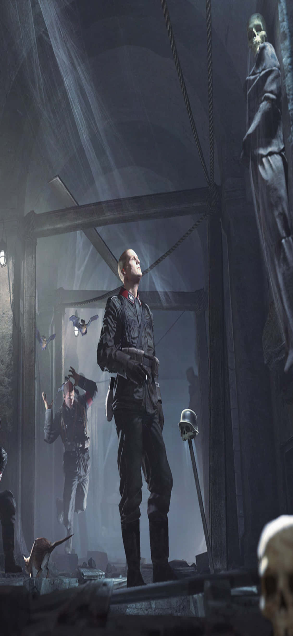 iPhone Xs Wolfenstein Ii 桌布 壁紙 — 一名孤獨的士兵站在昏暗、裝飾著頭骨的房間中，光線從破碎的窗戶射入。