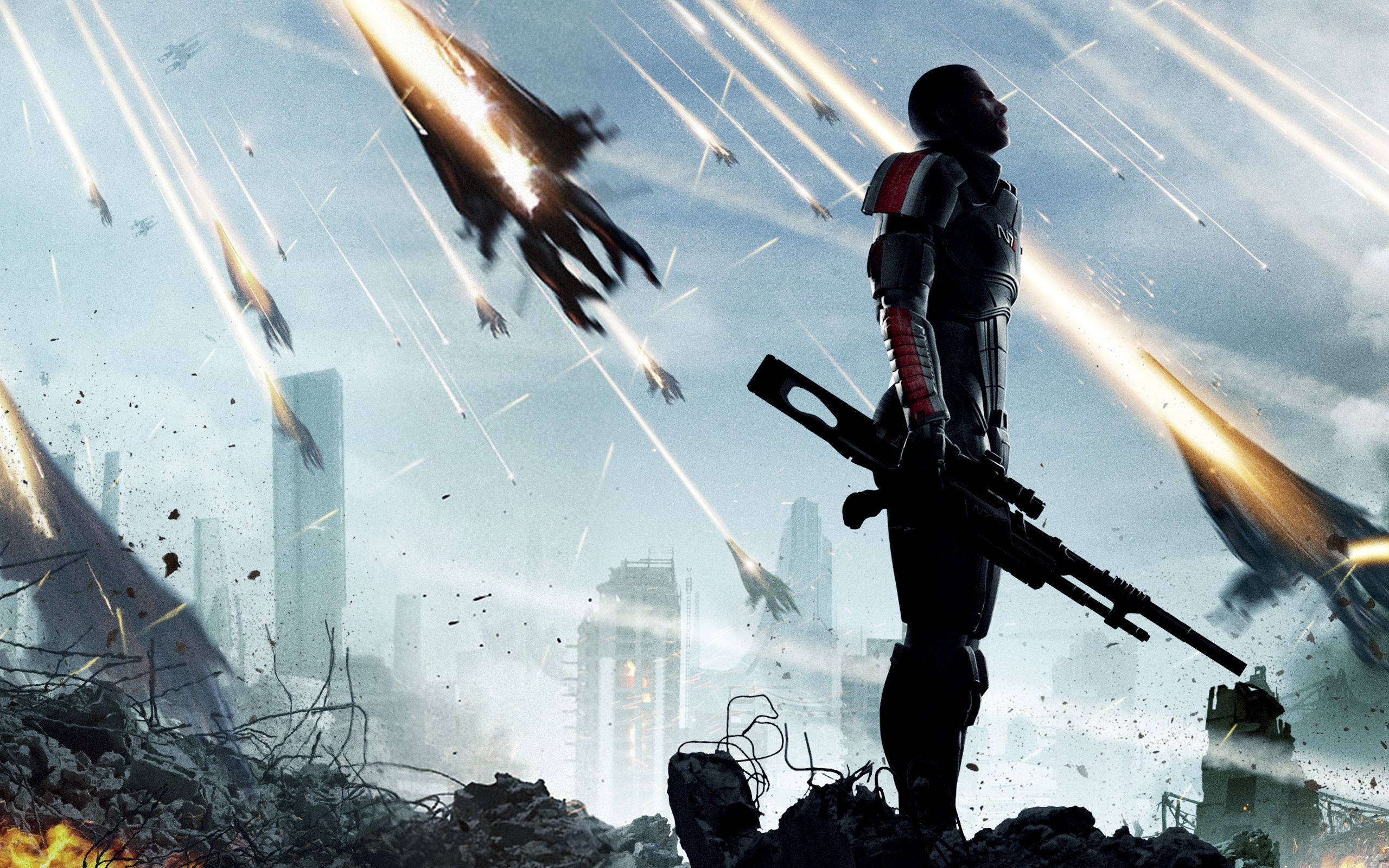 Mass Effect 3 桌布 壁紙 — 一名孤獨的士兵站在瓦礫中，戰鬥機在戰火摧殘的城市天空中劃過，一片火海混亂。