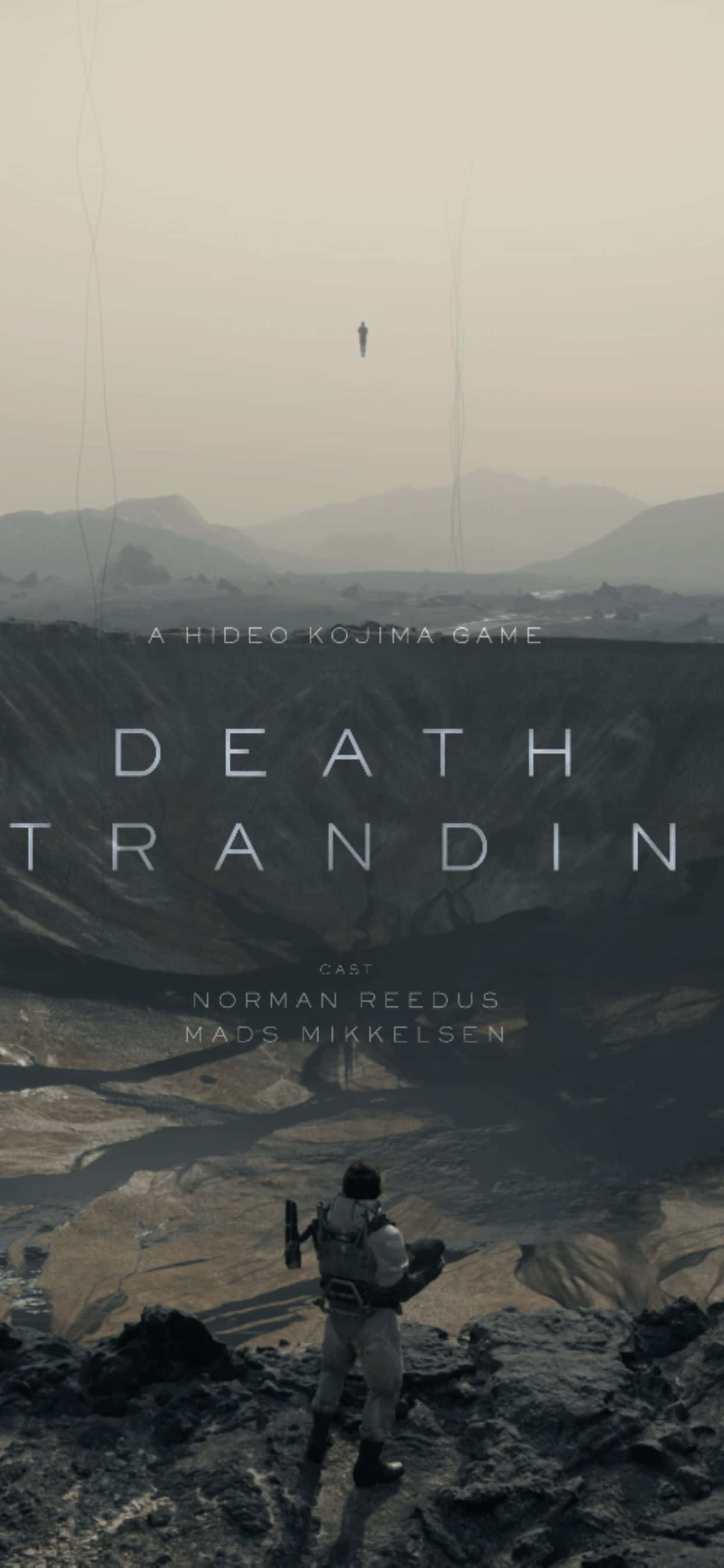 iPhone Xs Max Death Stranding 桌布 壁紙 — 一名孤獨的士兵站在荒涼的岩石山脊上，俯瞰著廣闊貧瘠的荒地，天空朦朧，遠處有一個懸浮的人影。