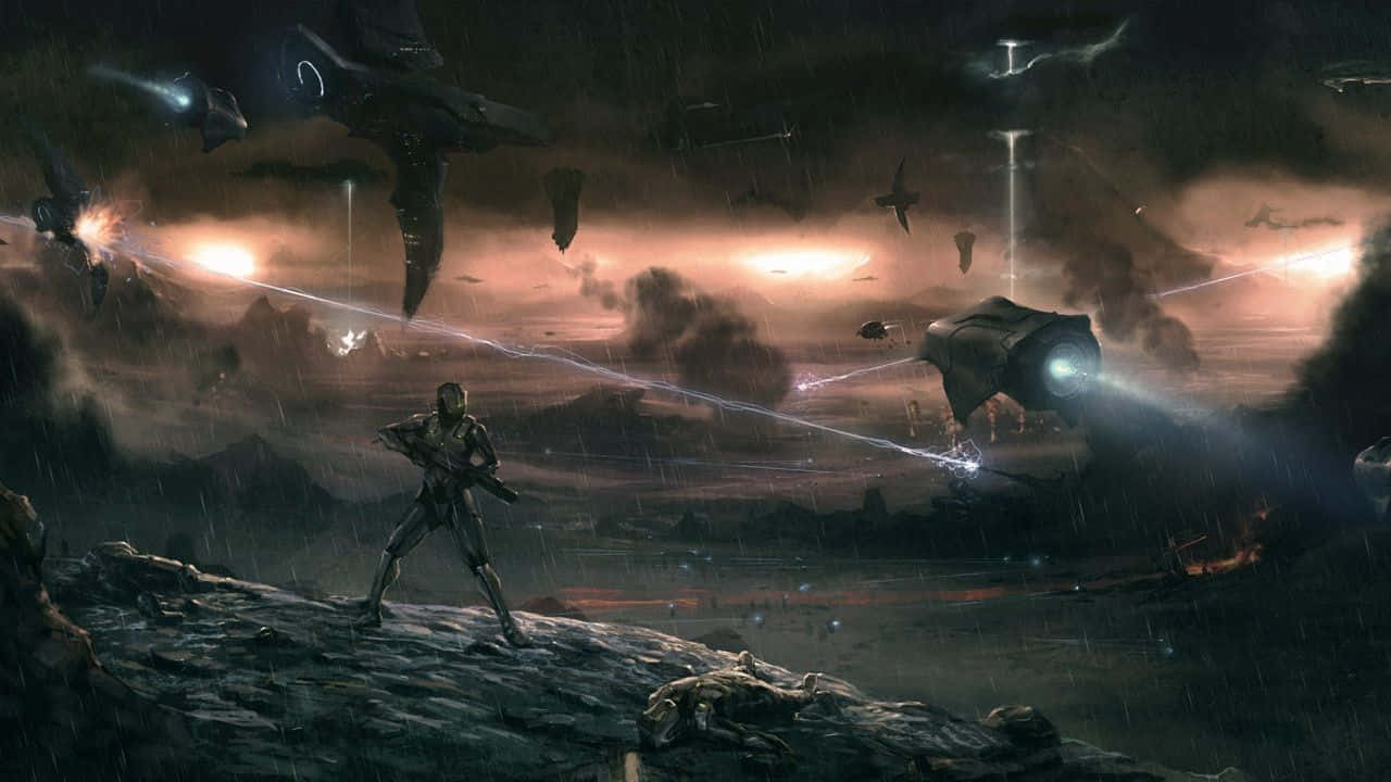 Halo Forerunner 桌布 壁紙 — 一名孤獨的士兵站在被雨水浸濕的懸崖上，巨大的戰艦在黃昏的暴風雨外星戰場上發射雷射。