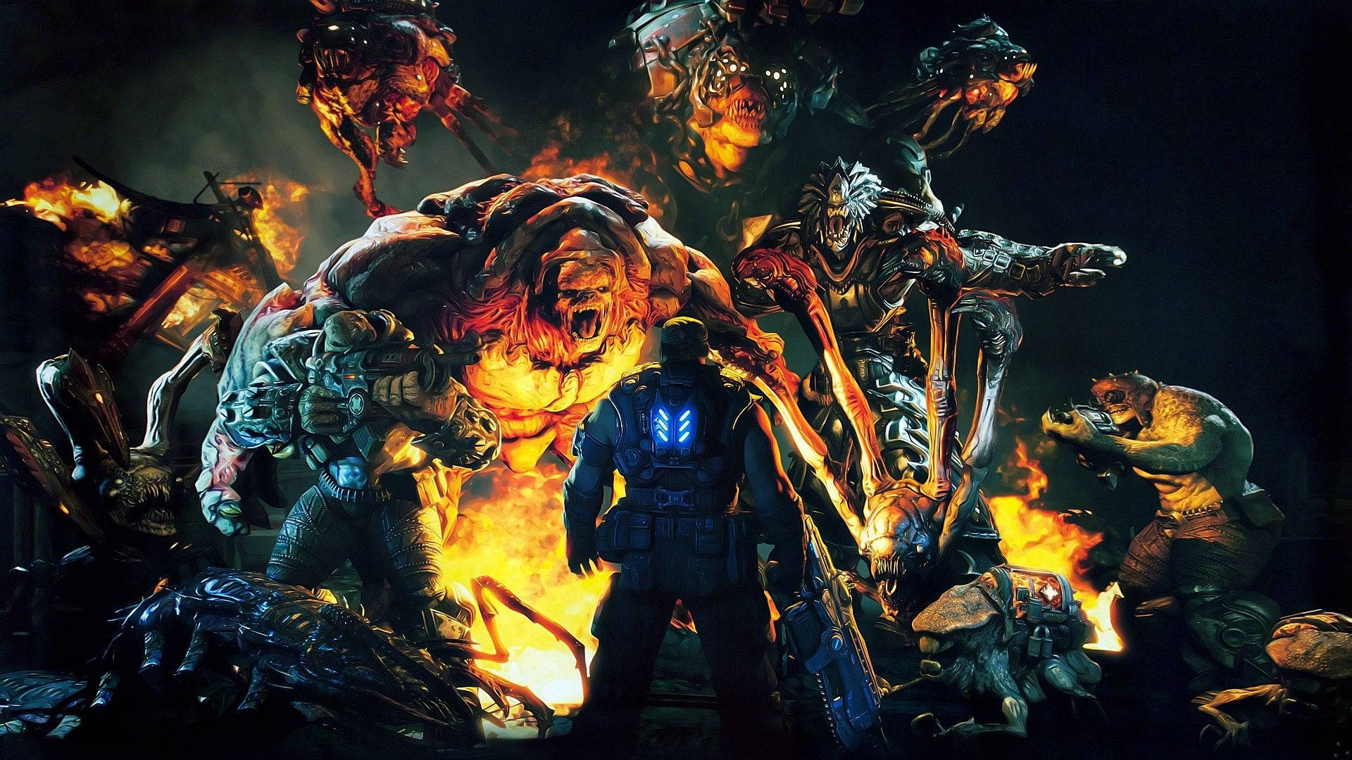 Gears Of War 桌布 壁紙 — 一名孤獨的士兵背光站在火前，面對一群怪誕的怪物敵人在黑暗的電影場景中。
