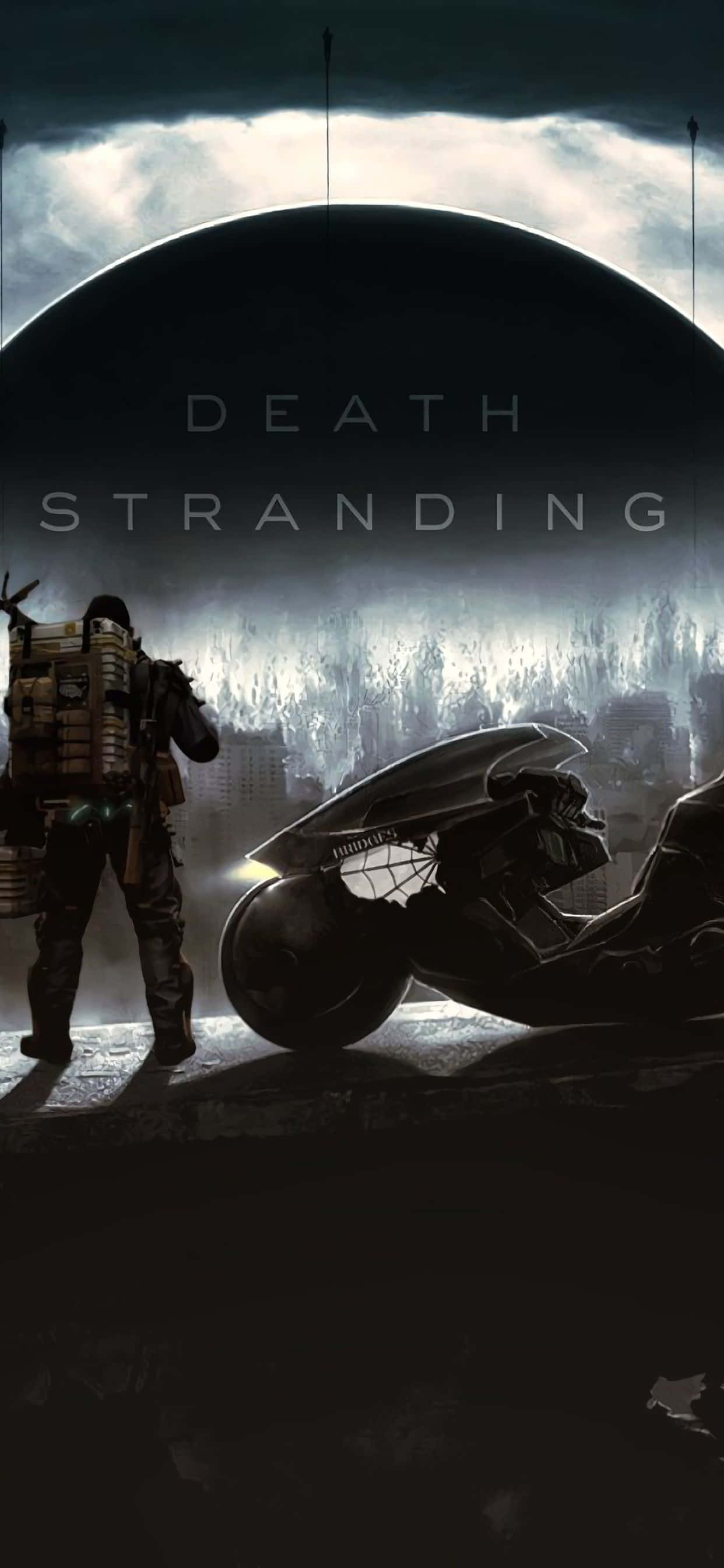 iPhone Xs Max Death Stranding 桌布 壁紙 — 一名孤獨的士兵背著沉重的背包，站在一輛未來風格的摩托車旁，上方是一個巨大的黑暗球體，背景是荒涼多霧的景觀。