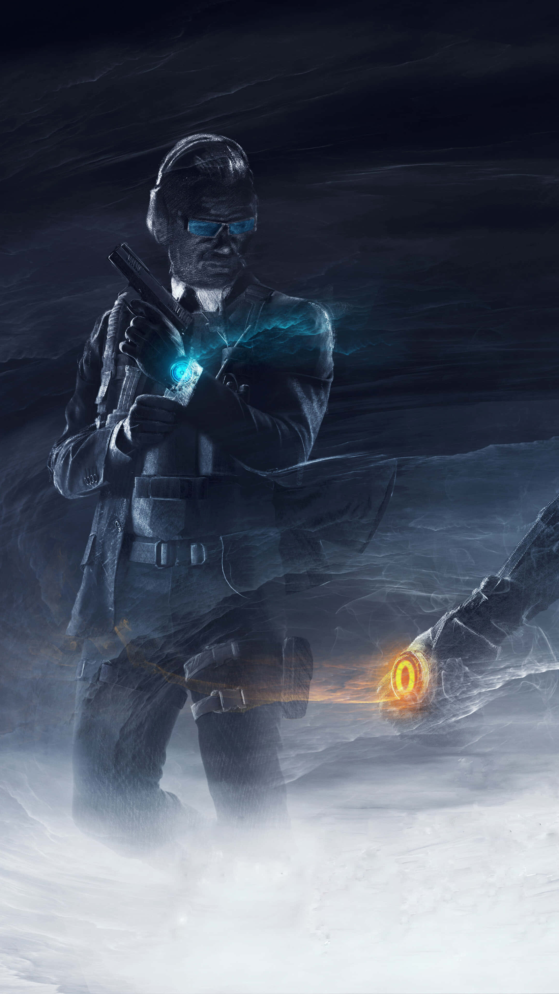 Android Rainbow Six Siege 桌布 壁紙 — 一名孤獨的士兵身穿深色裝備，站在暴風雪中，手持一把發光的藍色武器，附近有一個橙色能量球。