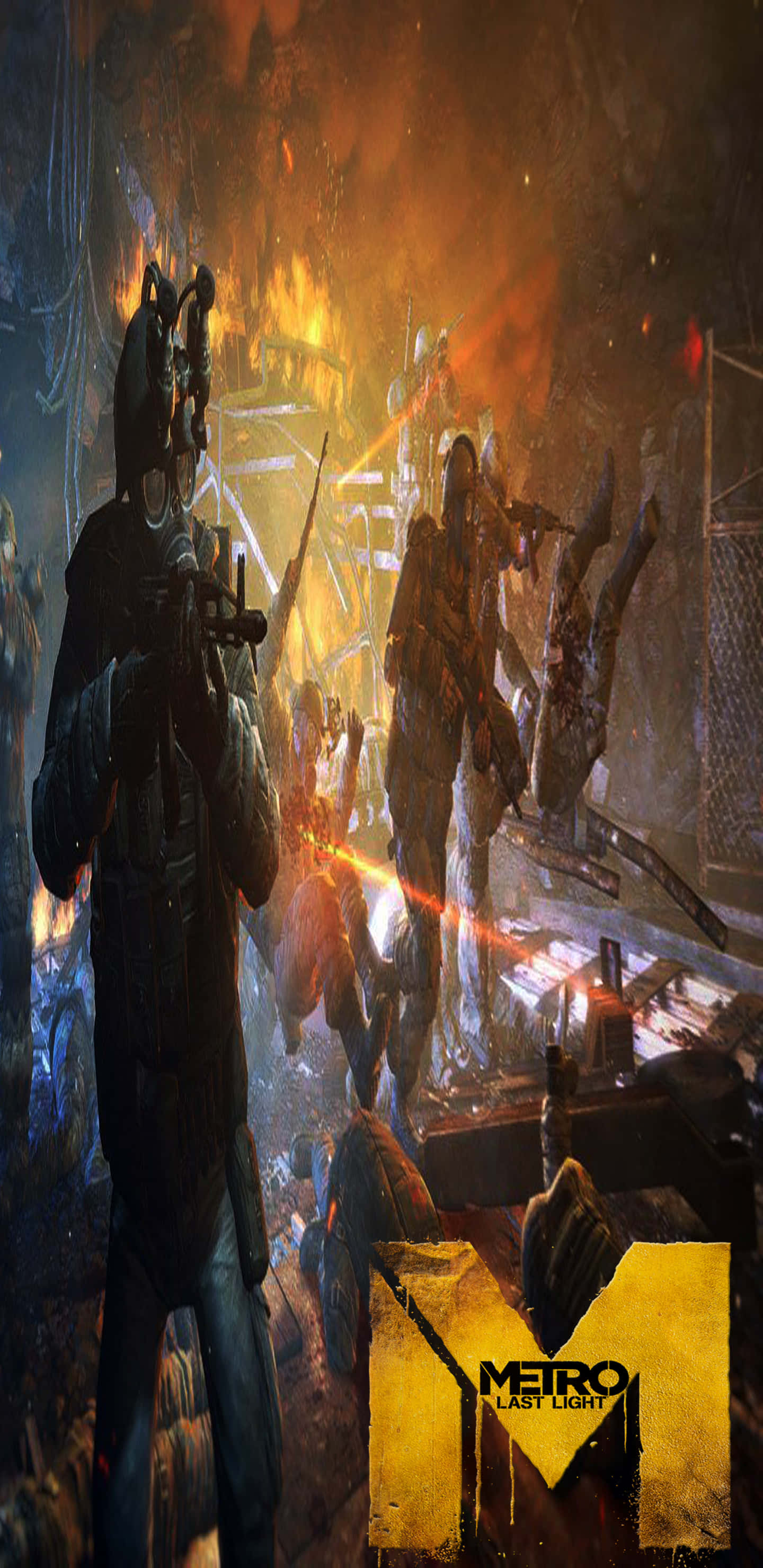 電玩遊戲 桌布 壁紙 — 一名孤獨的士兵身穿黑色裝備，站在烈火廢墟中，而怪異的突變體在混亂的末世戰鬥中向前湧動。