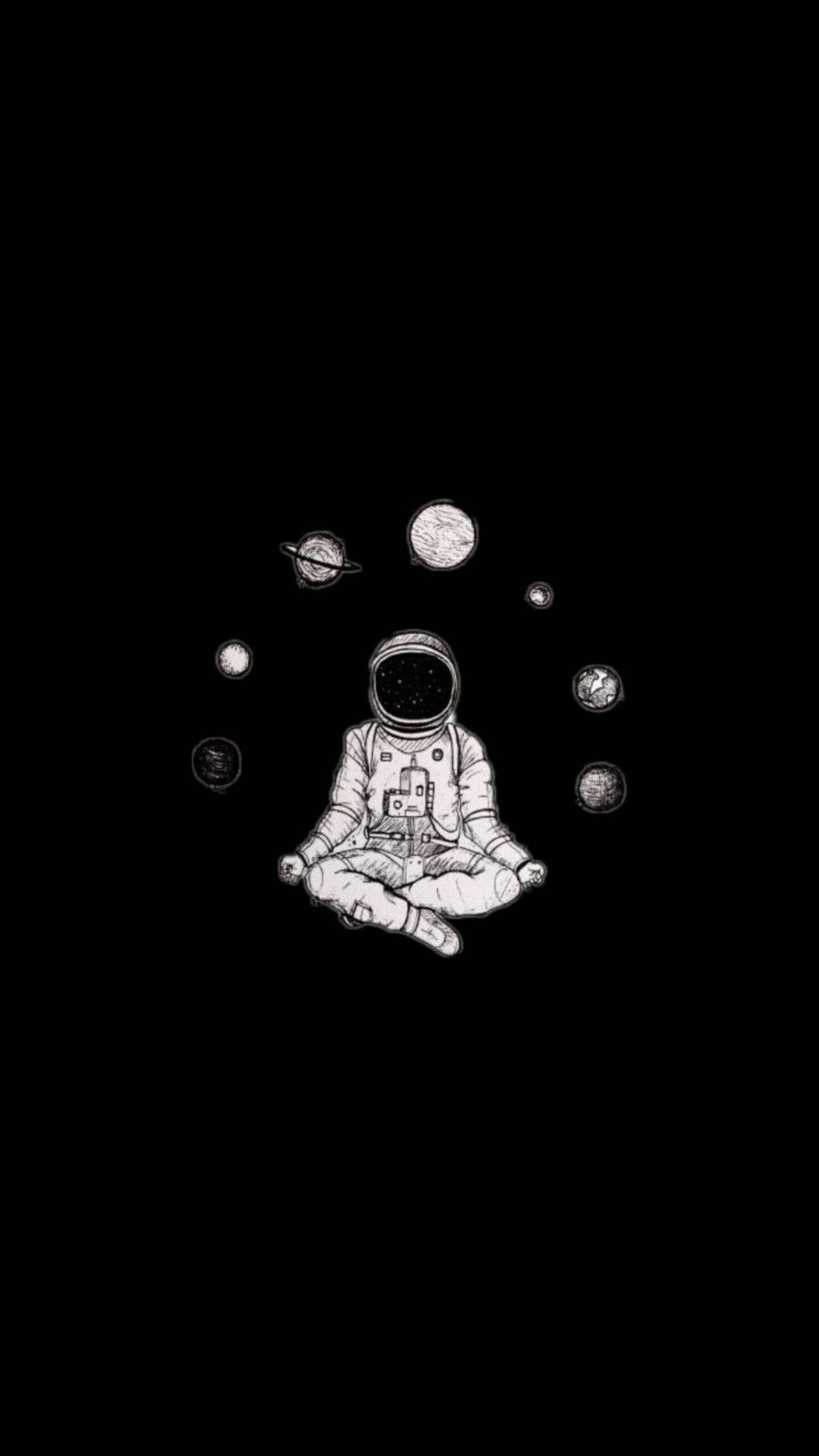 一名太空人在太空中冥想，周圍是極簡線條藝術風格的行星。 — 太空人 壁紙