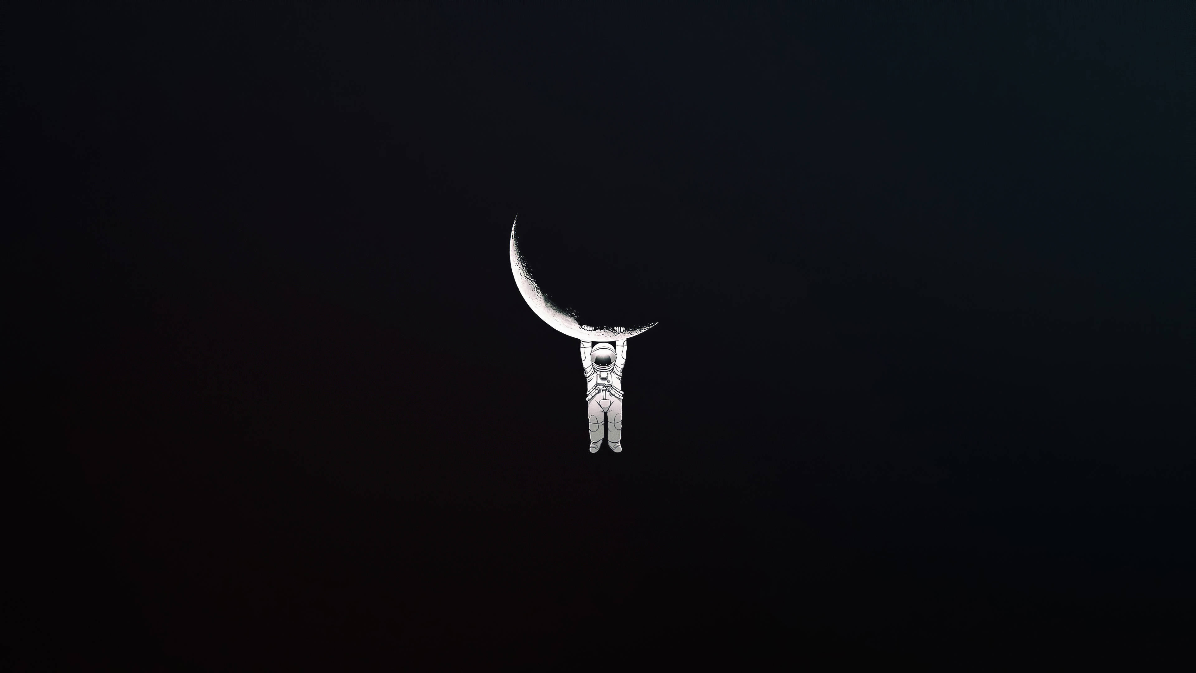 astronaut aesthetic 桌布 壁紙 — 一名孤獨的太空人在太空中漂浮，手持新月，背景為深色漸變。