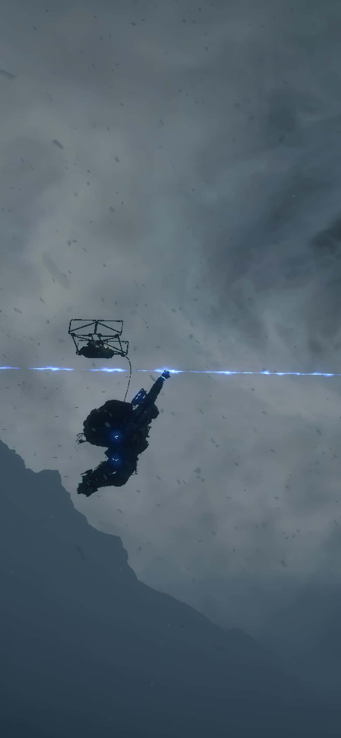 iPhone Xs Death Stranding 桌布 壁紙 — 一名孤獨的太空人在太空中漂浮，被一條繩索連接到一架帶有藍色光芒的無人機，背景是雲層。