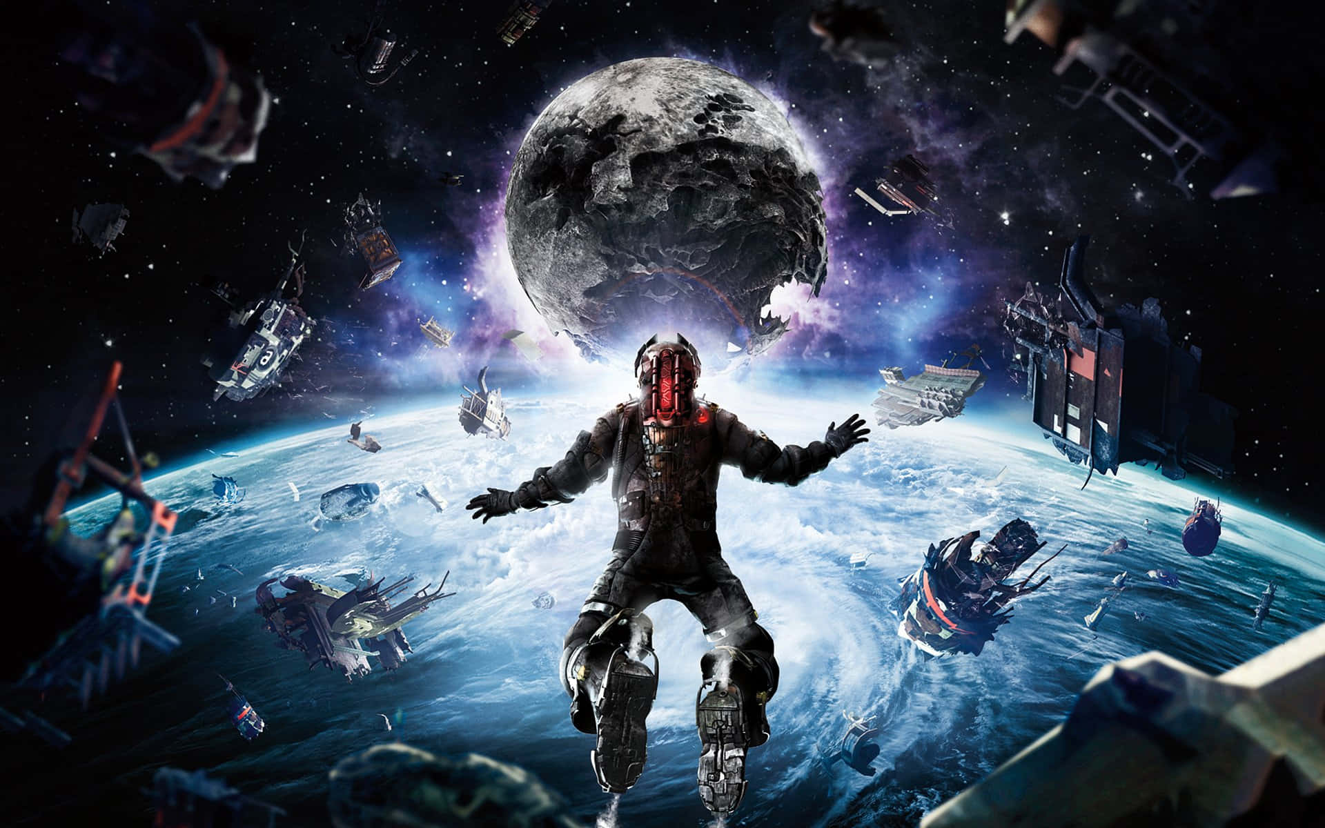 Scary Space 桌布 壁紙 — 一名孤獨的太空人在太空碎片中漂浮，背景是地球和月球。